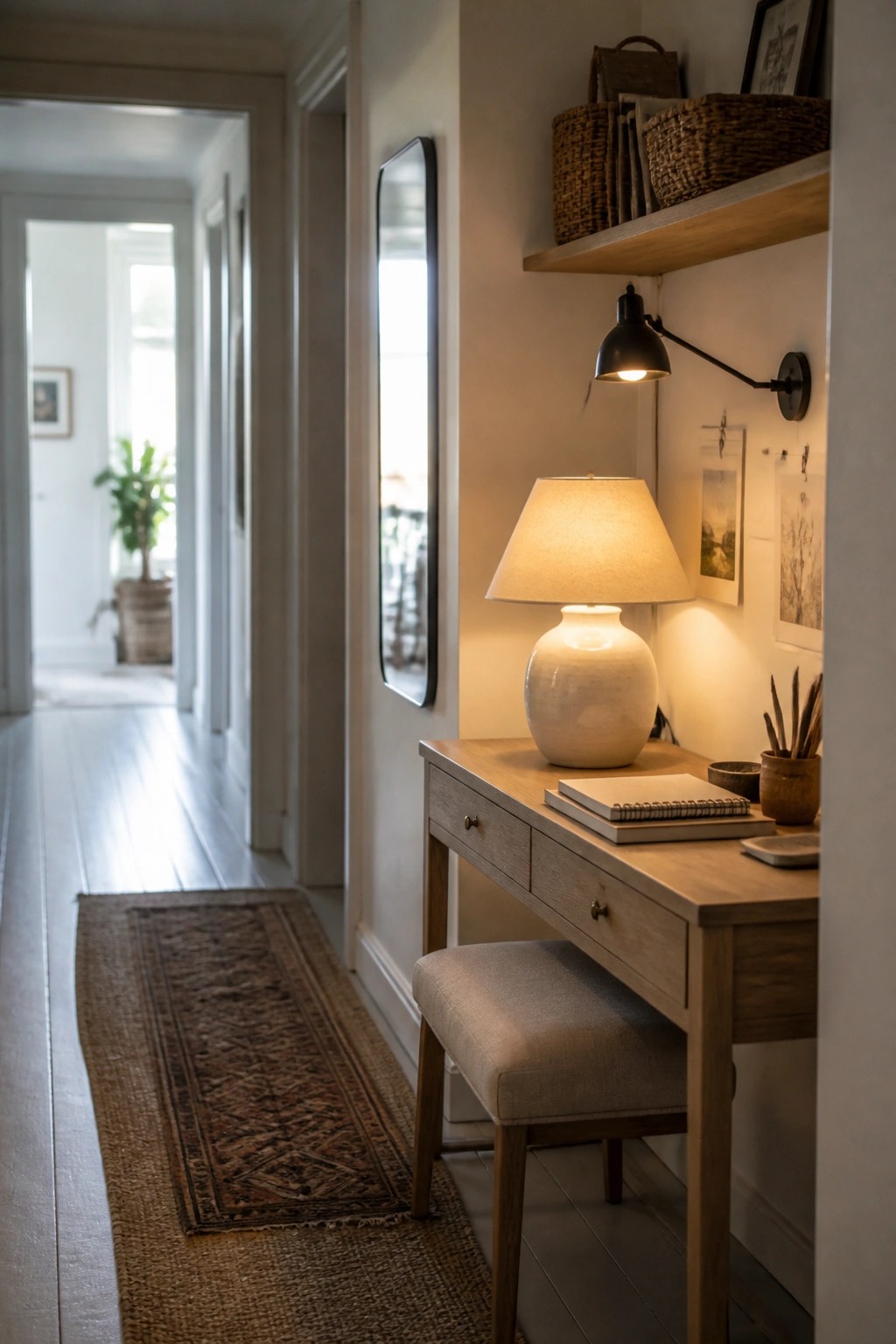 A wooden desk with a lamp and stool sits beneath a wall-mounted shelf holding woven baskets in a home interior.
