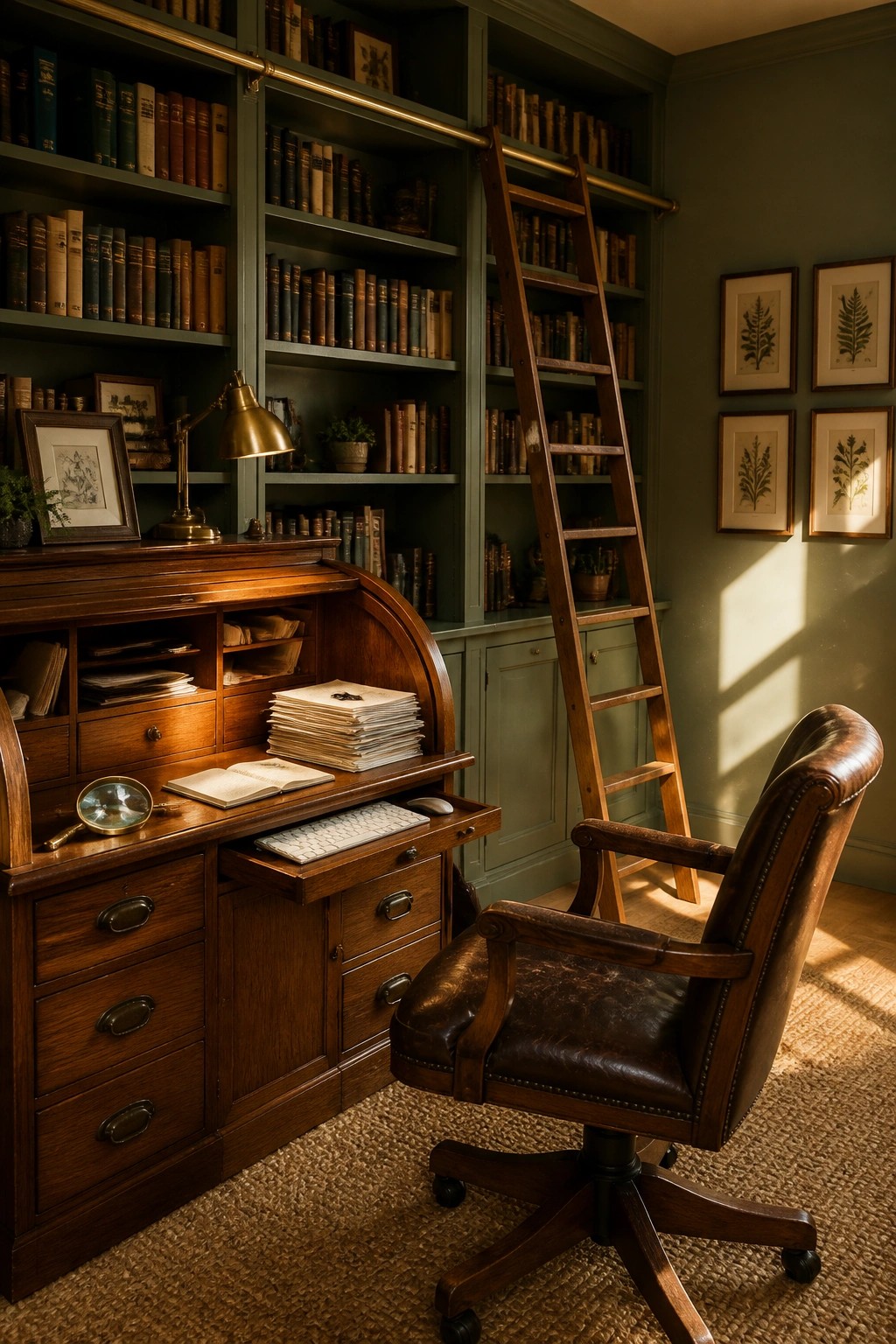 A home office with a wooden roll top desk holding papers and a keyboard, built-in green bookshelves filled with books, a rolling ladder, and a brown leather office chair on a woven rug.
