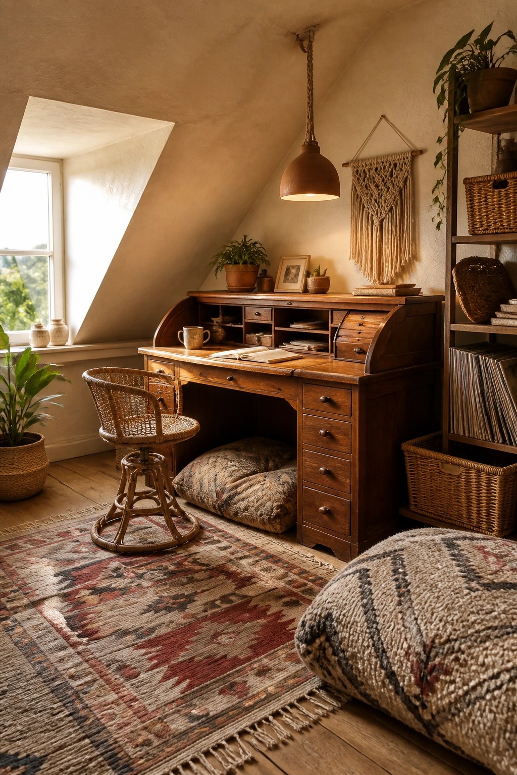 A wooden roll-top desk with open compartments and drawers sits beneath a sloped ceiling in an attic room, next to a woven swivel chair on a patterned rug.