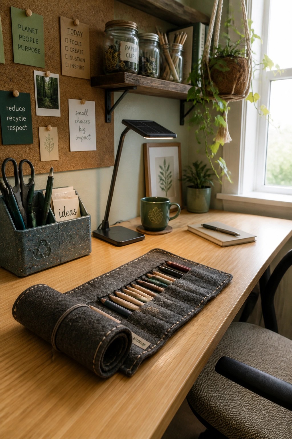 A home office desk with a dark felt roll-up pencil case holding colored pencils, a speckled desk organizer on the left, and a corkboard with notes on the wall behind.