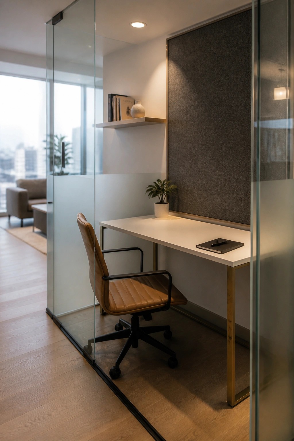A small modern office space enclosed by glass walls, featuring a white desk, brown leather chair, floating shelf with books, and minimal accessories.