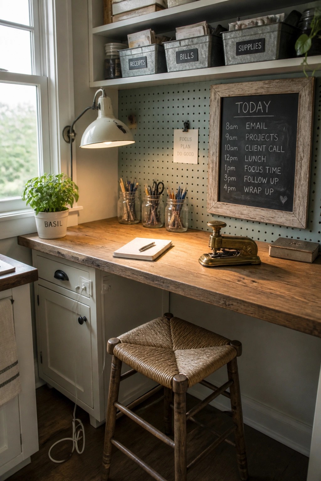 A wooden desk with a woven stool in front, a pegboard wall holding a chalkboard schedule and small note, and upper shelves with labeled metal storage bins.