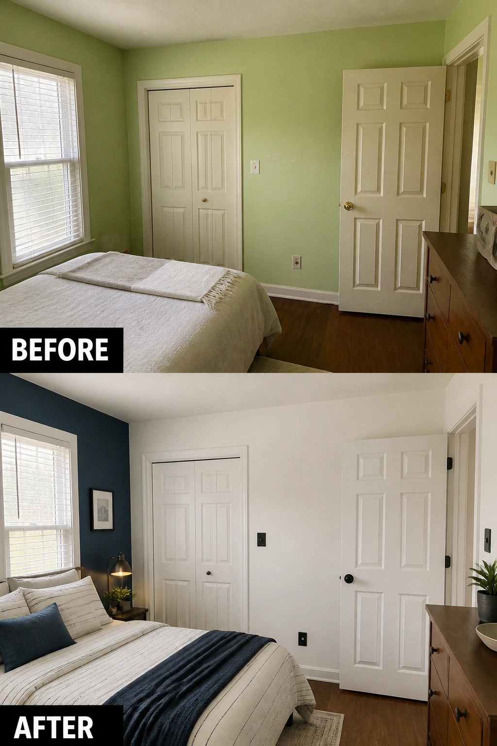 Bedroom before-and-after: green walls repainted white with navy blue accent wall.