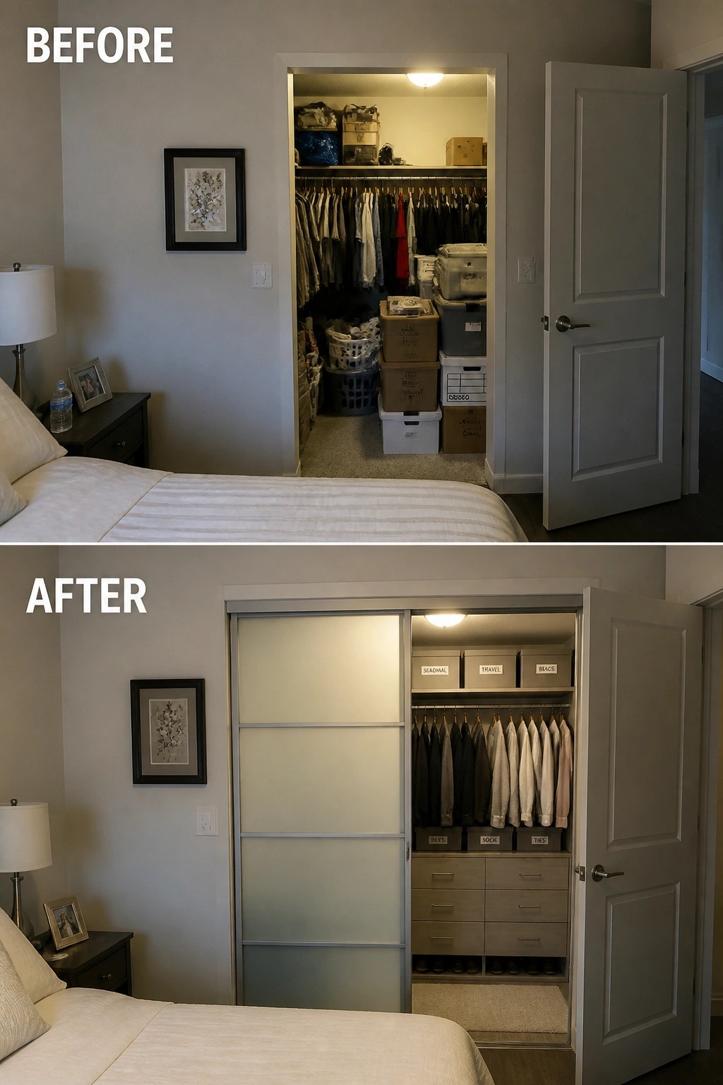 Before and after of cluttered bedroom closet transformed into organized space with drawers and shelves.