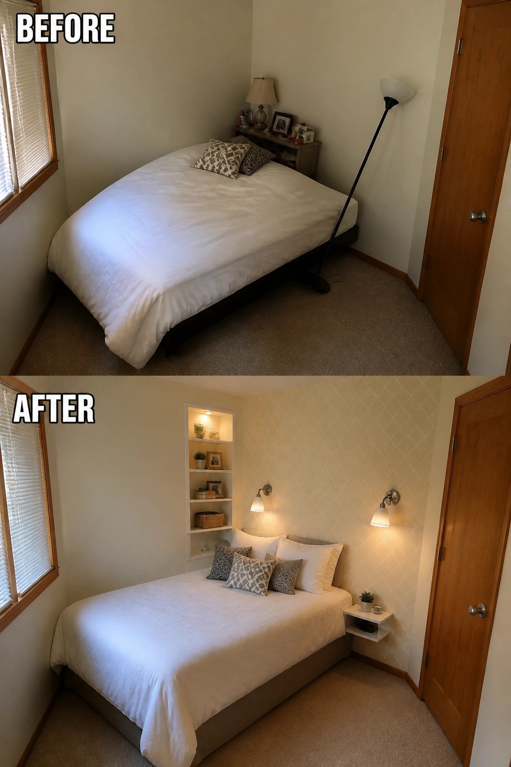 Before and after bedroom with new wallpaper, built-in shelves, and wall sconces.