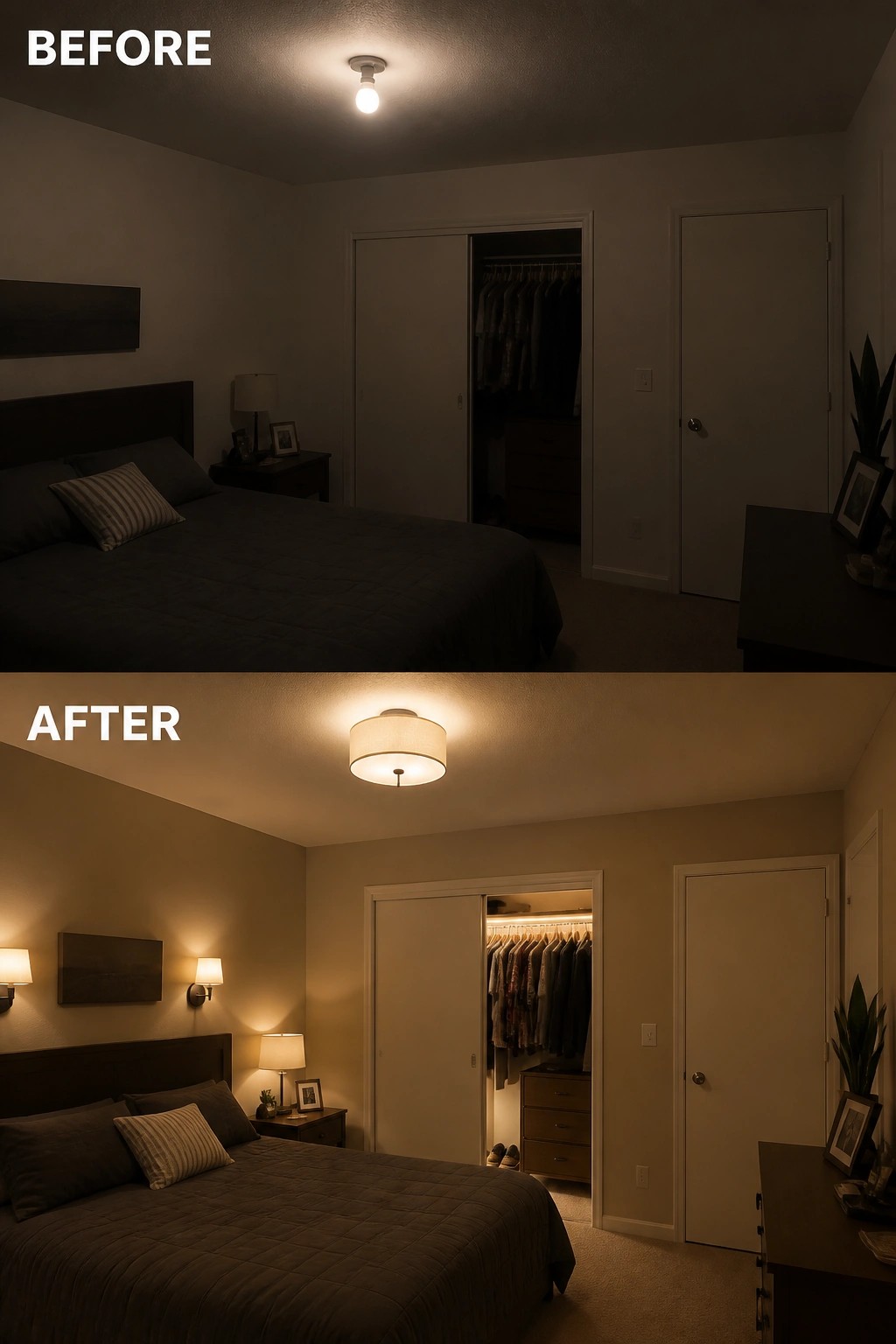 Before and after bedroom with updated warm lighting, organized closet, and cozy decor