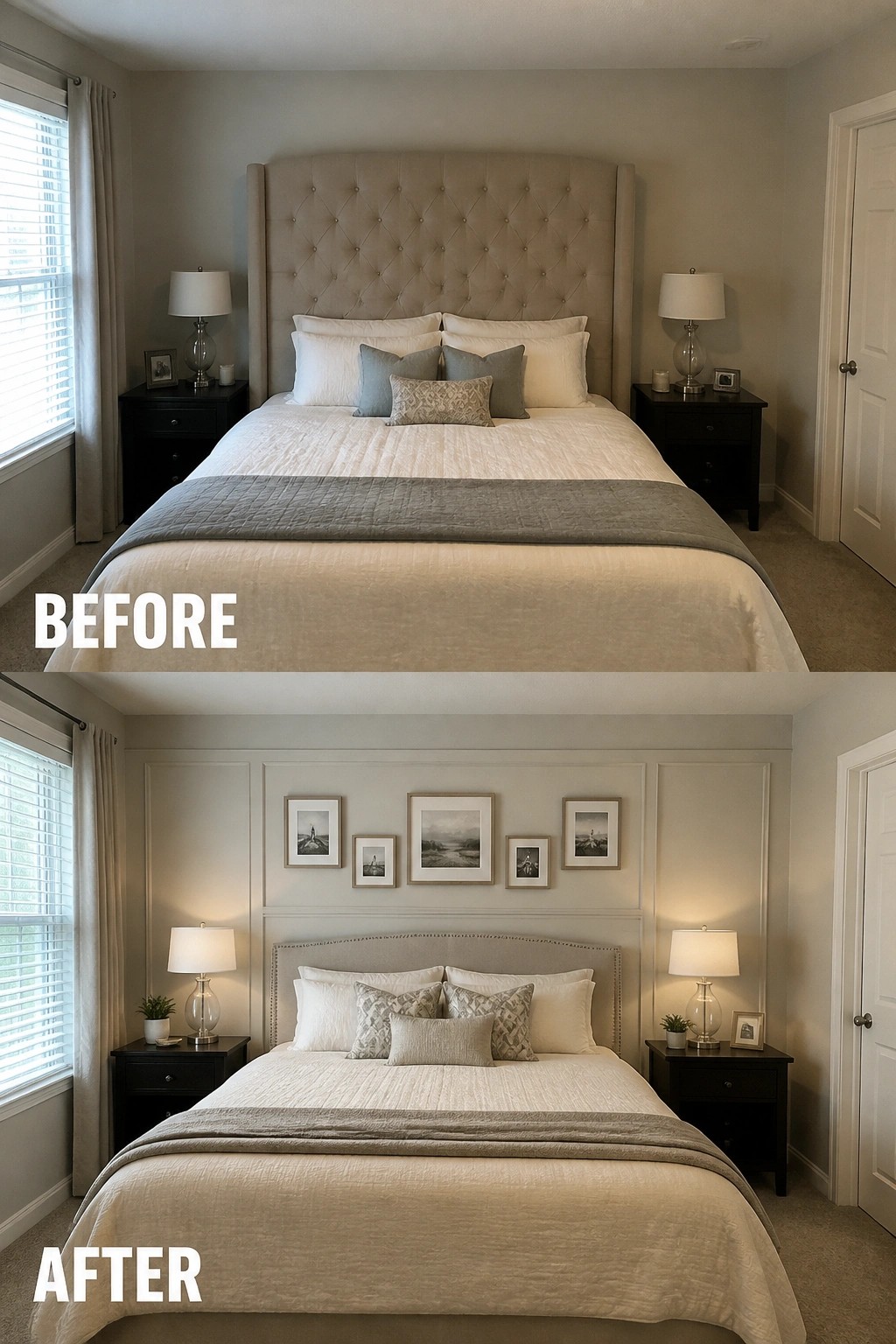 Before-and-after image of a bedroom with plain walls transformed by adding wall paneling and a gallery wall of framed art above the bed.