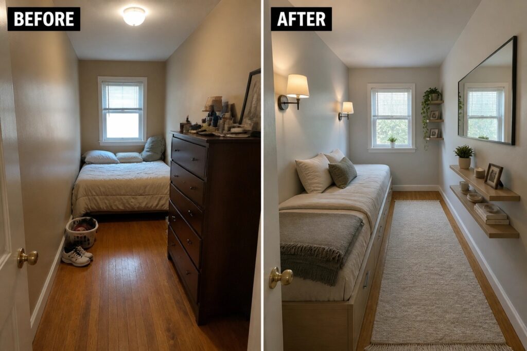 24 Smart Bedroom Transformation Ideas That Improve Small, Awkward Layouts Before-and-after bedroom renovation with cluttered dresser replaced by white storage bed and shelves.