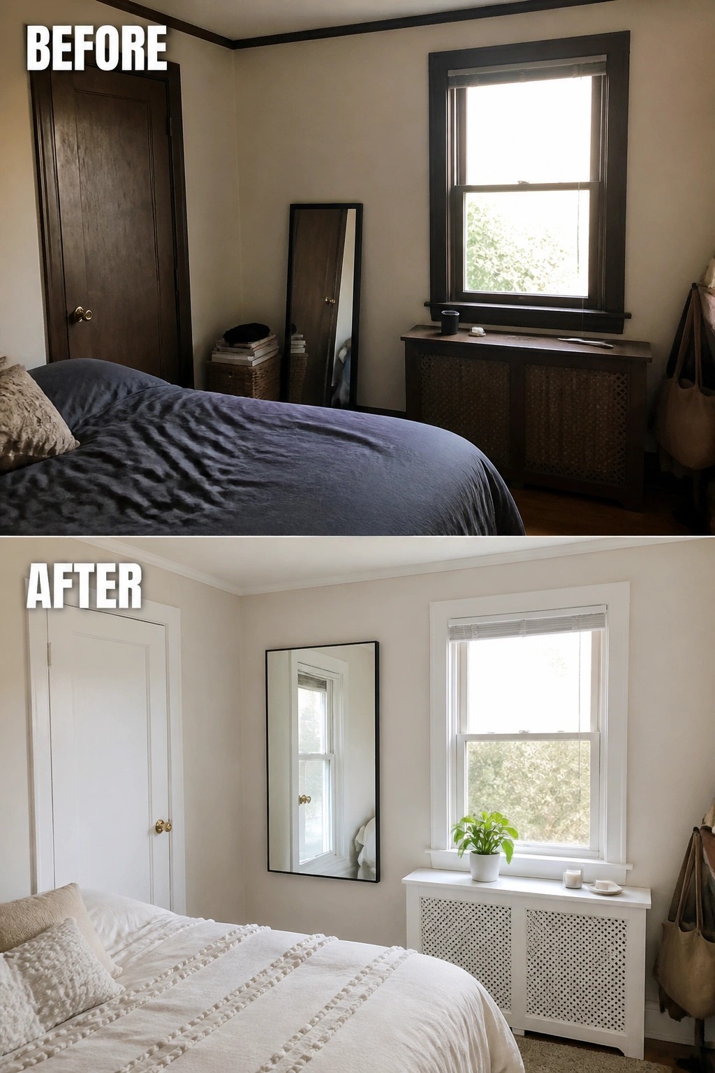 Before-and-after image of a bedroom showing a dark wood door and navy bedding changed to a white door and light neutral bedding with added window trim.
