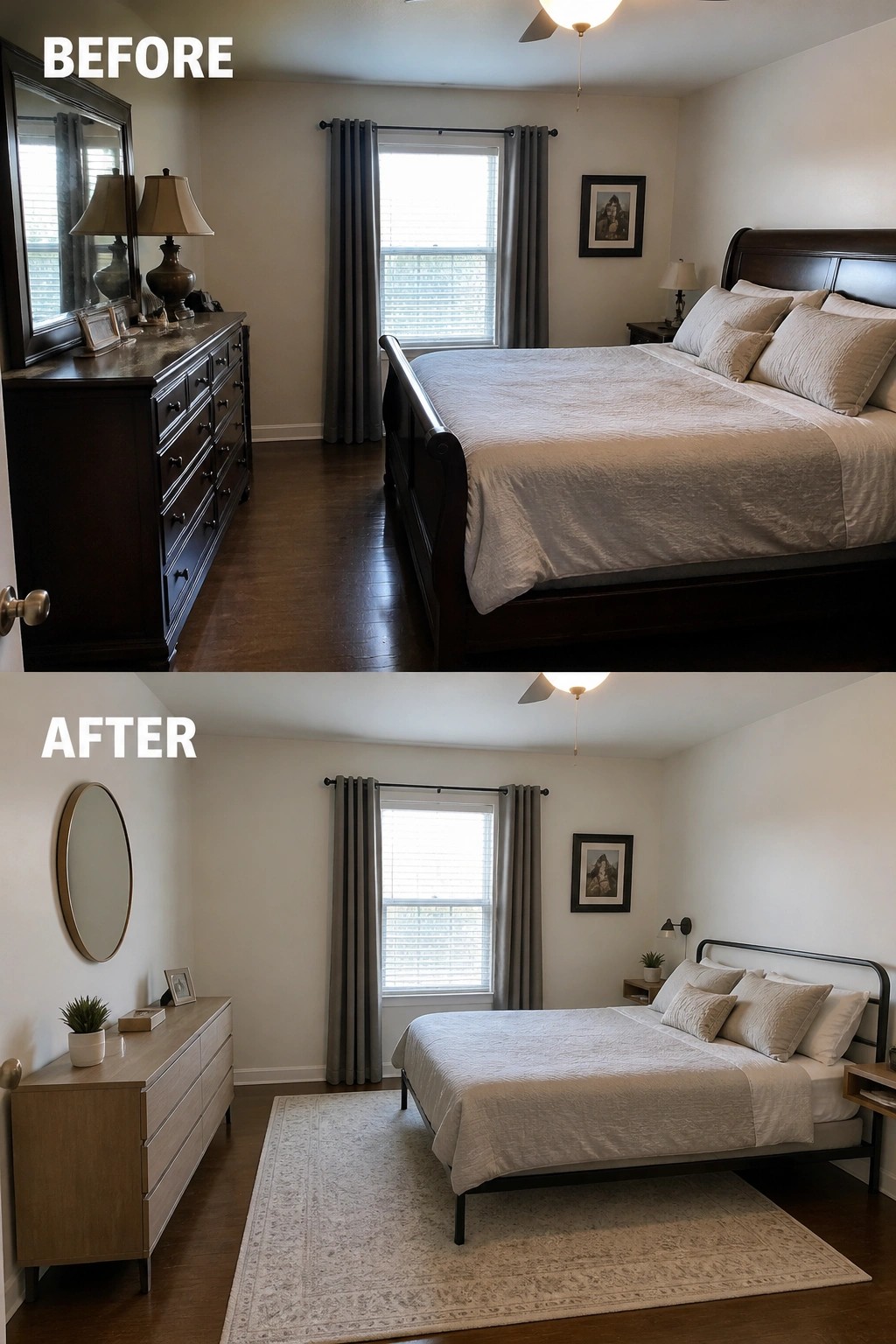 Before and after bedroom makeover with dark traditional to light modern furniture.