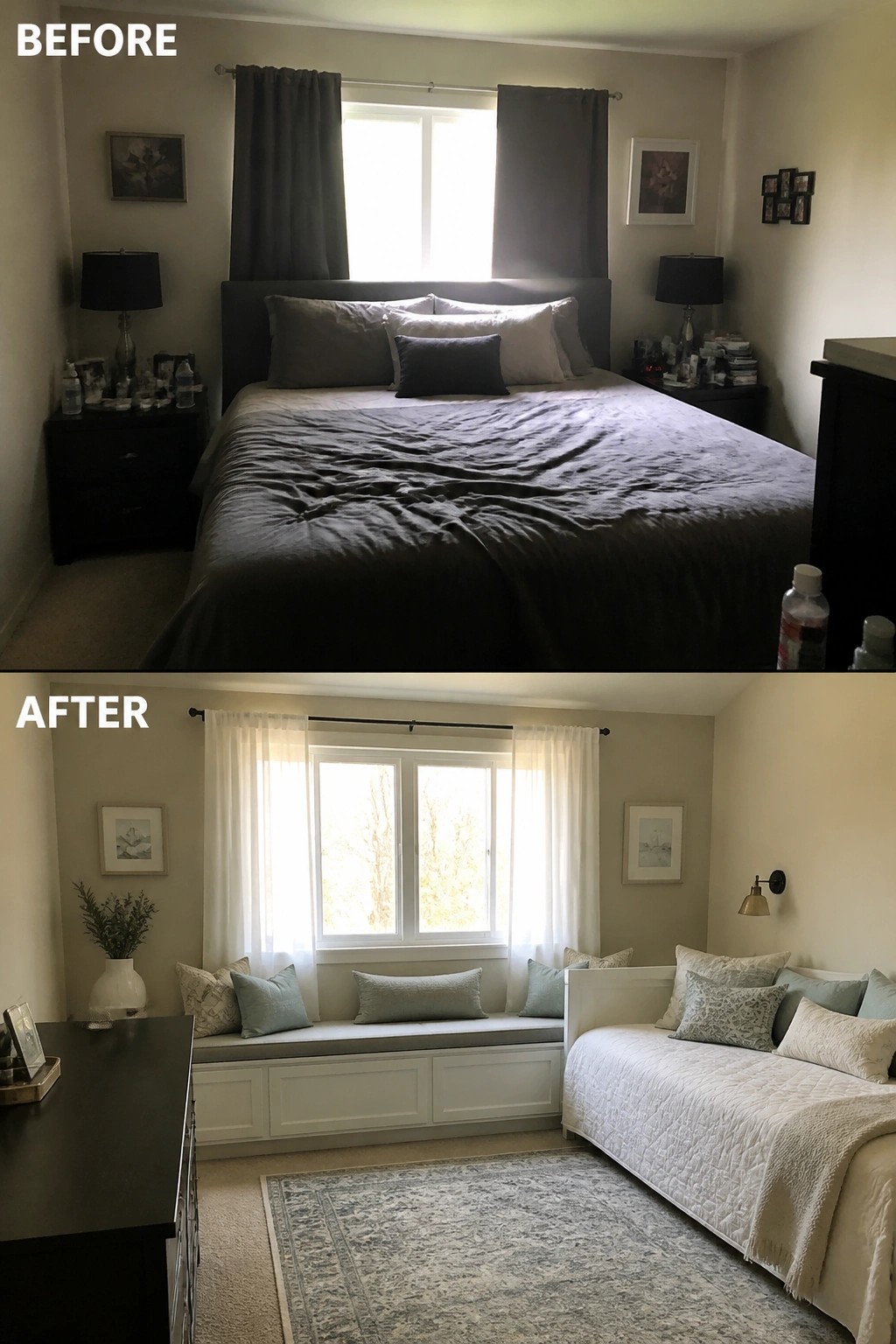 Before and after bedroom: dark bed above, light daybed and window seat below.