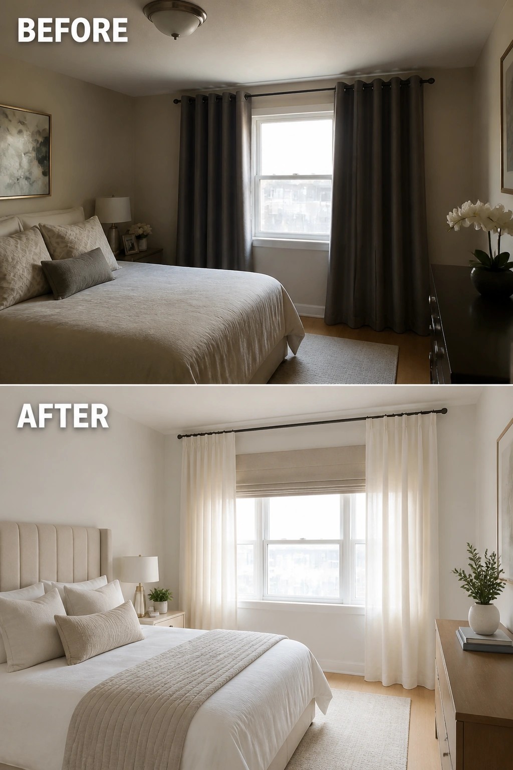Before and after bedroom with dark curtains replaced by light beige drapes and shade