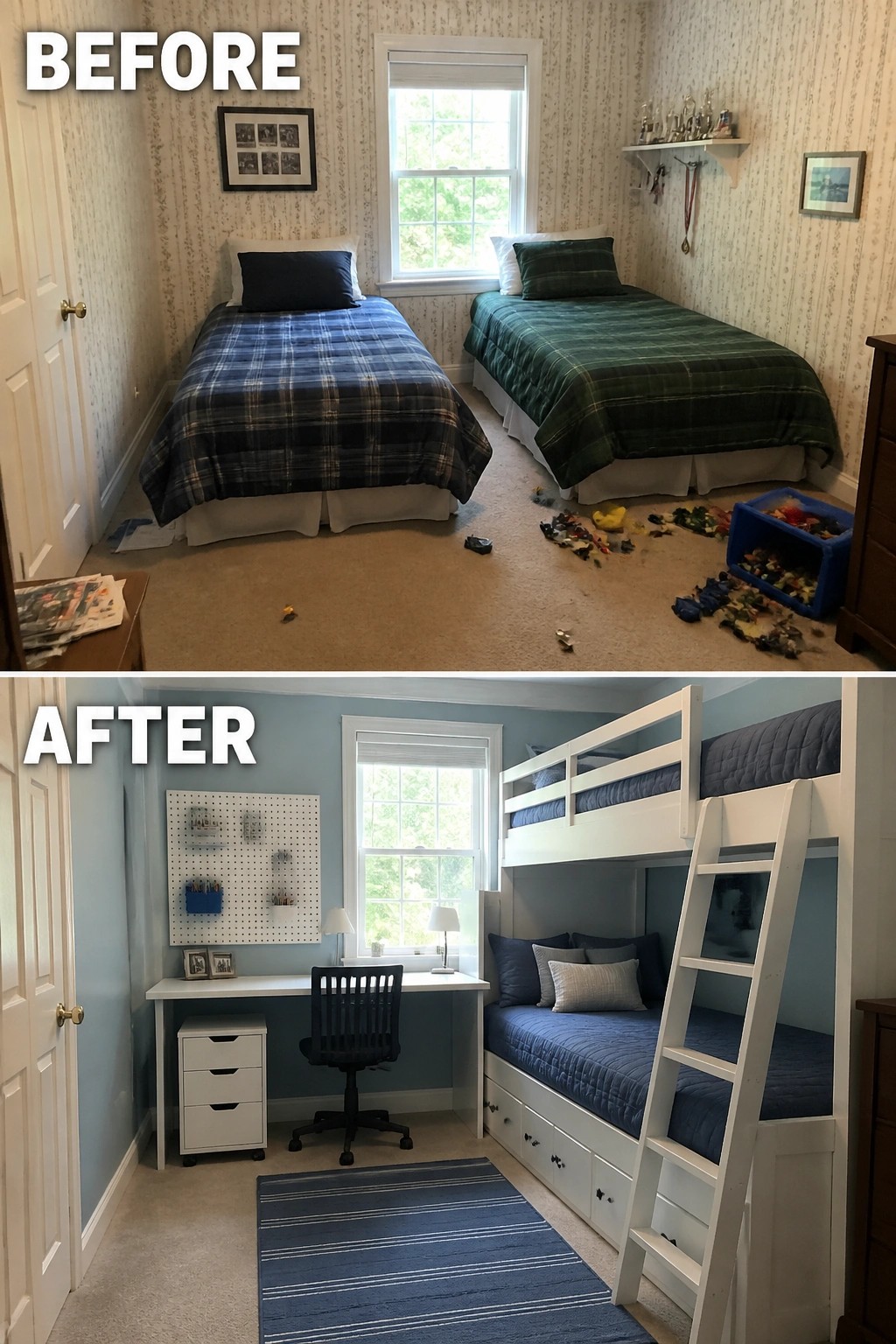 Before-and-after image of a children's bedroom showing two twin beds replaced by a white bunk bed with a desk and storage added underneath.