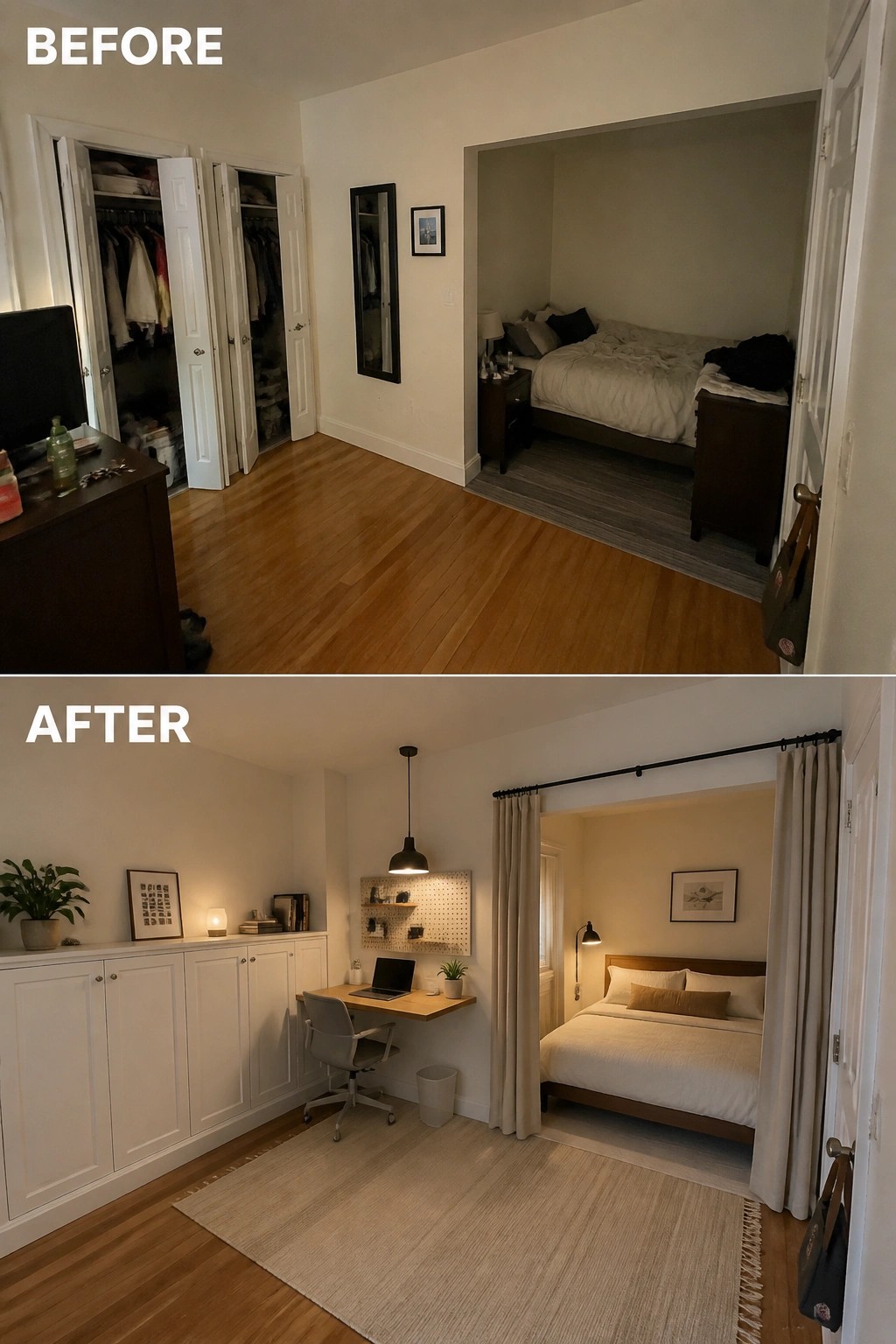 Before and after of cluttered bedroom transformed into organized space with desk and cabinets.