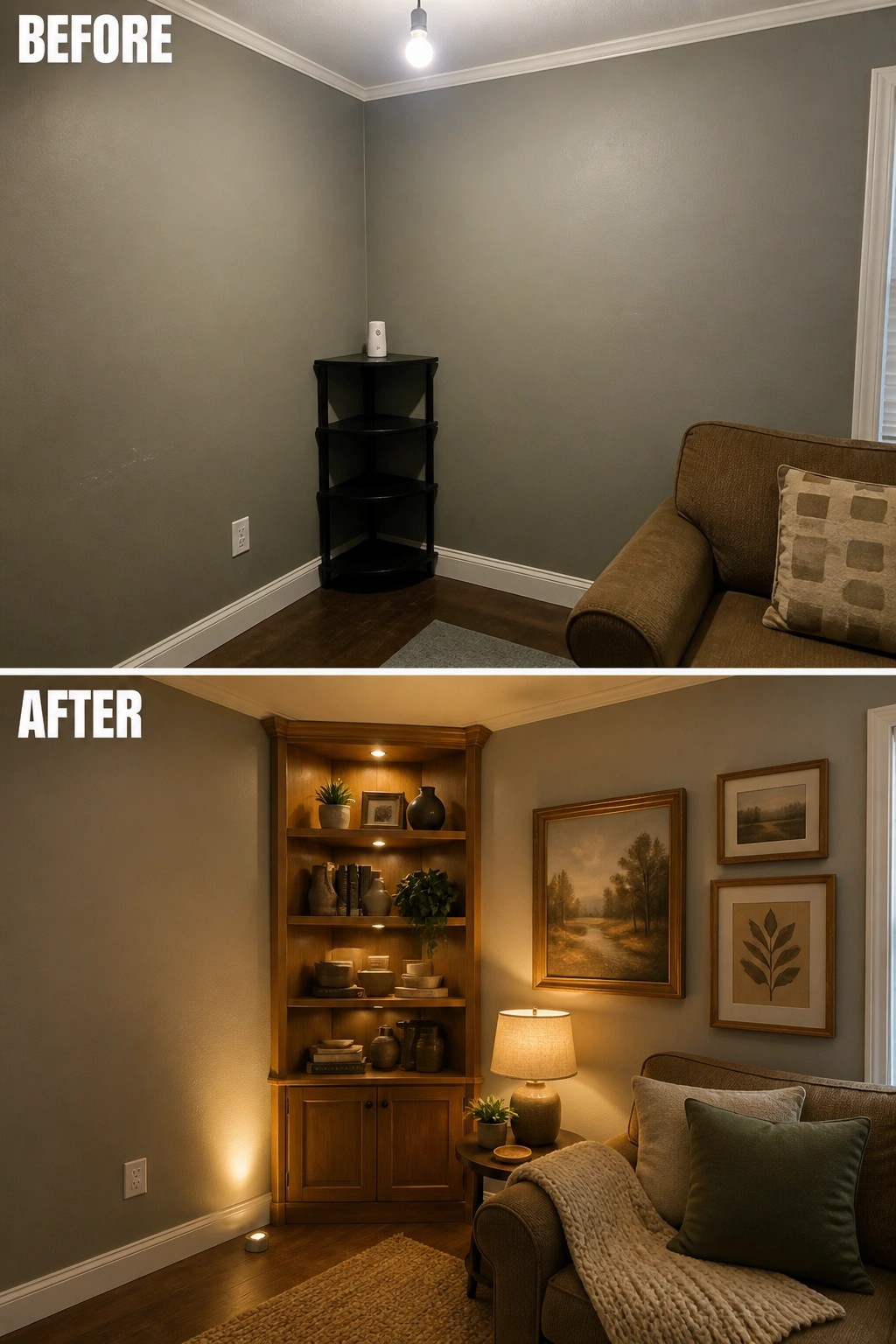 Before and after of gray corner with black shelf upgraded to lit wooden bookcase and art