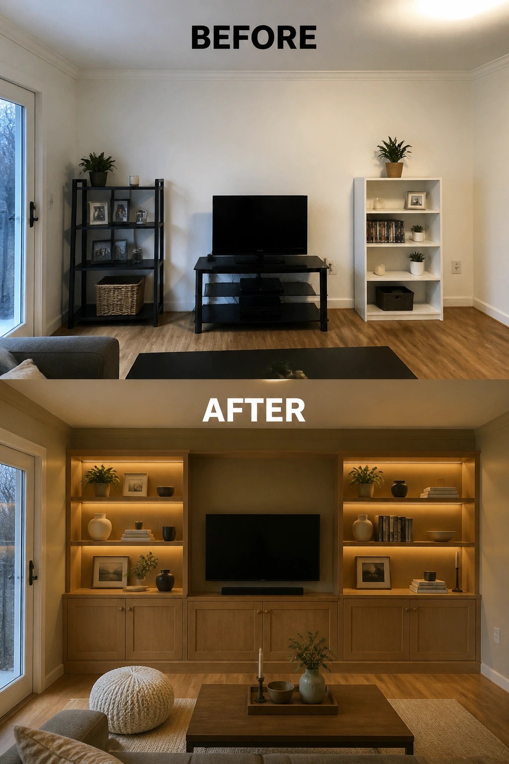 Before and after living room with TV, black shelves, and illuminated wooden built-ins