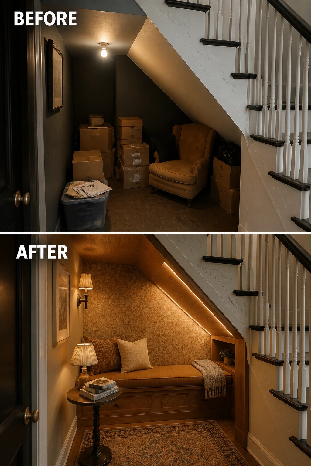 Before cluttered boxes under stairs, after cozy bench nook with pillows, lamps and rug.