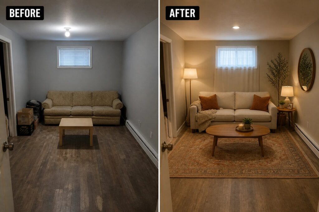 24 Warm Living Room Transformation Ideas for Dark Rooms with Limited Natural Light Before-and-after image of a cluttered living room transformed into a warm space with layered lighting, a rug, curtains, and cozy seating.