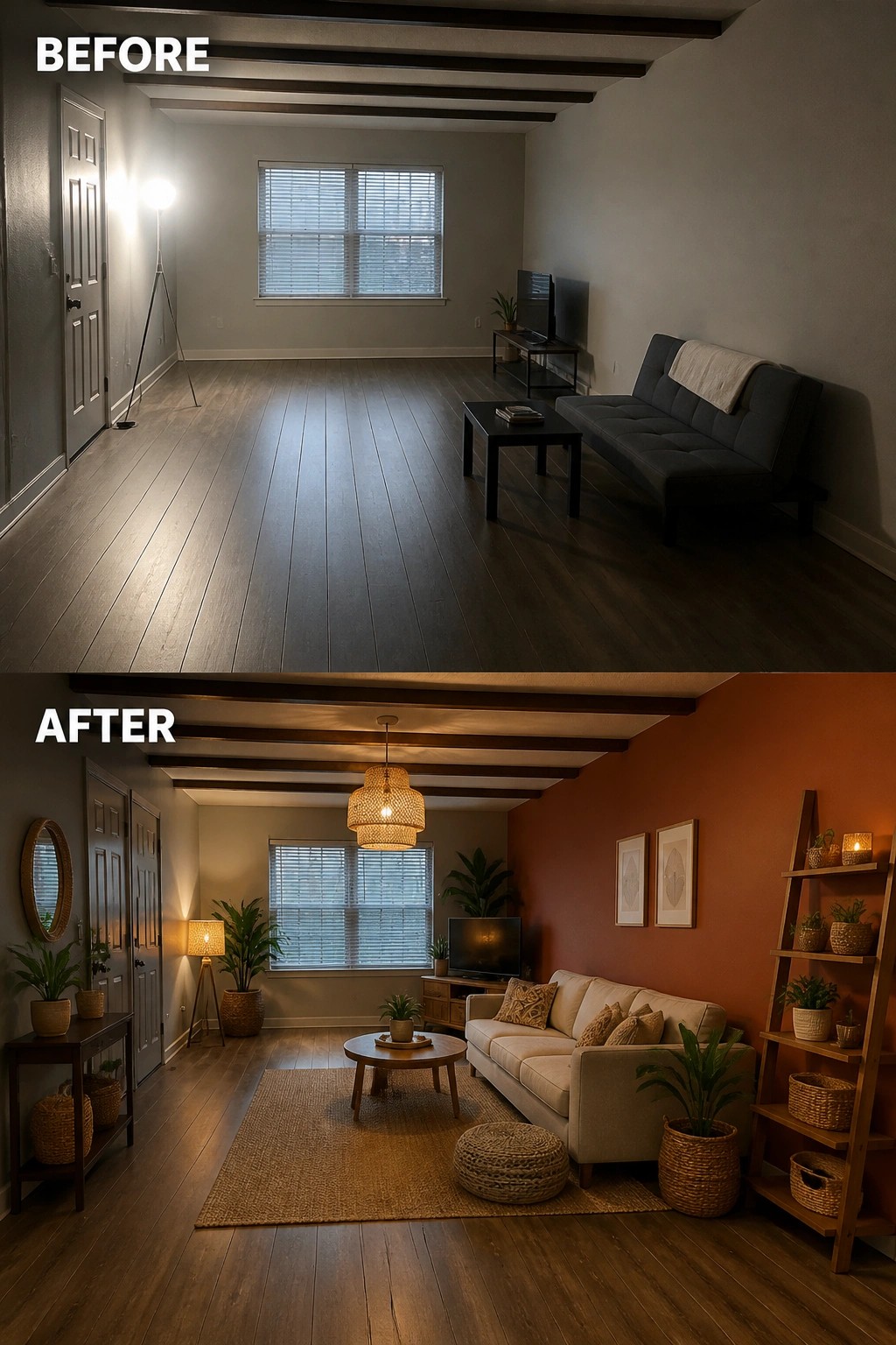 Before-and-after living room with added sofa, plants, rug, and orange accent wall.