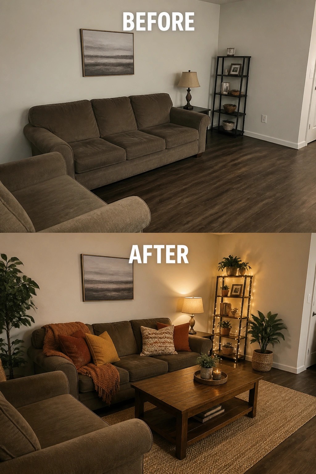 Before and after living room with added pillows, plants, rug, and coffee table.