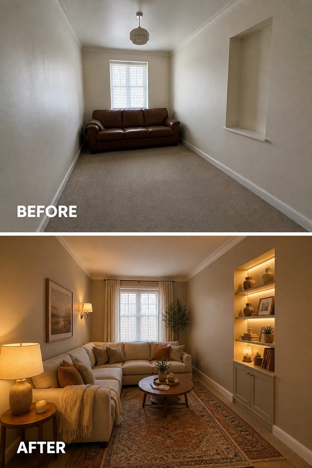 Before-and-after image of a plain living room transformed with a sectional sofa, area rug, curtains, multiple lamps, and illuminated built-in shelves.