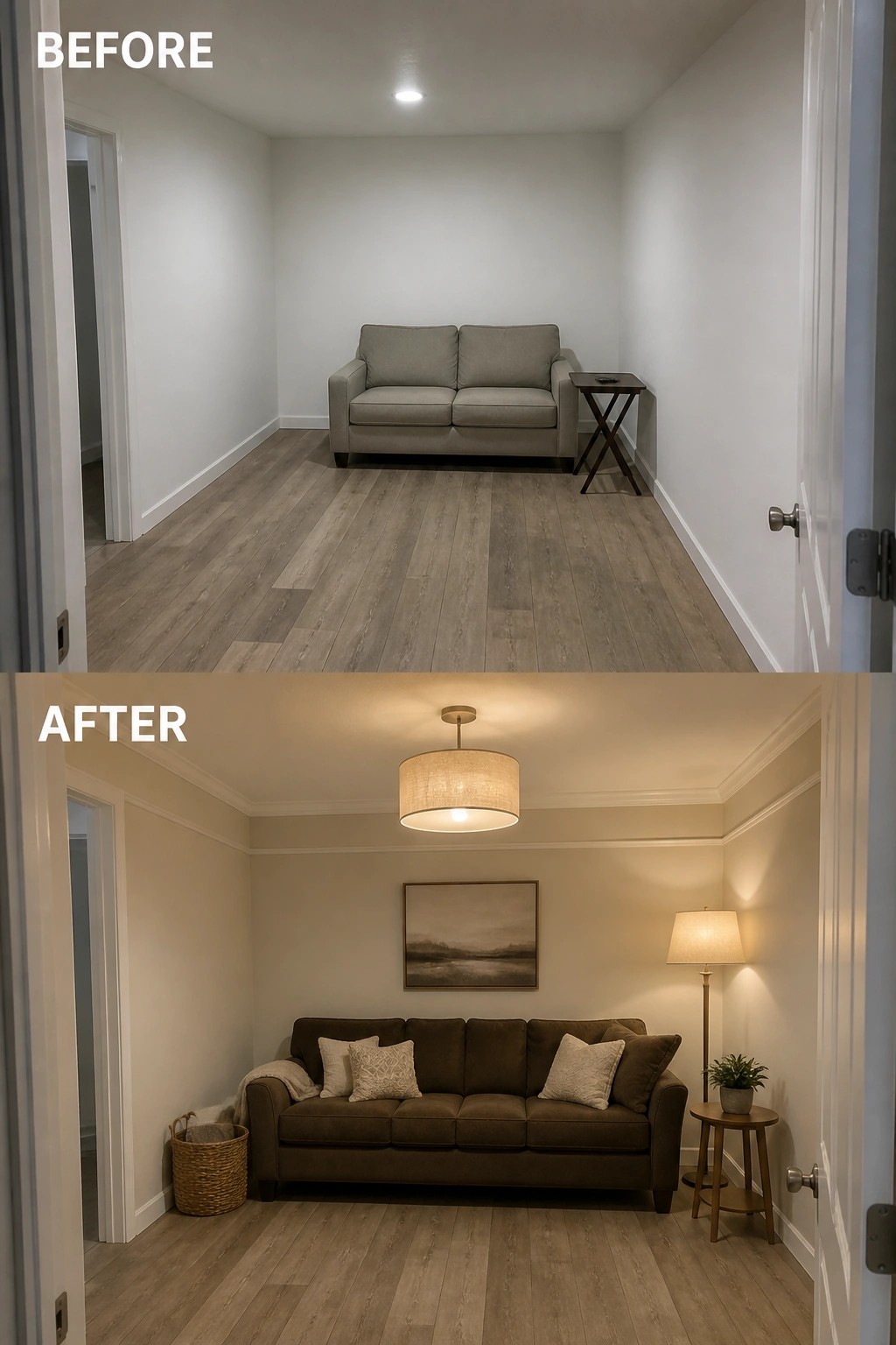 Before-and-after room with gray sofa above, brown couch and warm decor below.