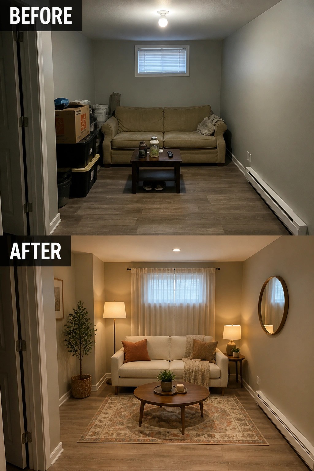 Before-and-after image of a cluttered living room transformed into a warm space with layered lighting, a rug, curtains, and cozy seating.