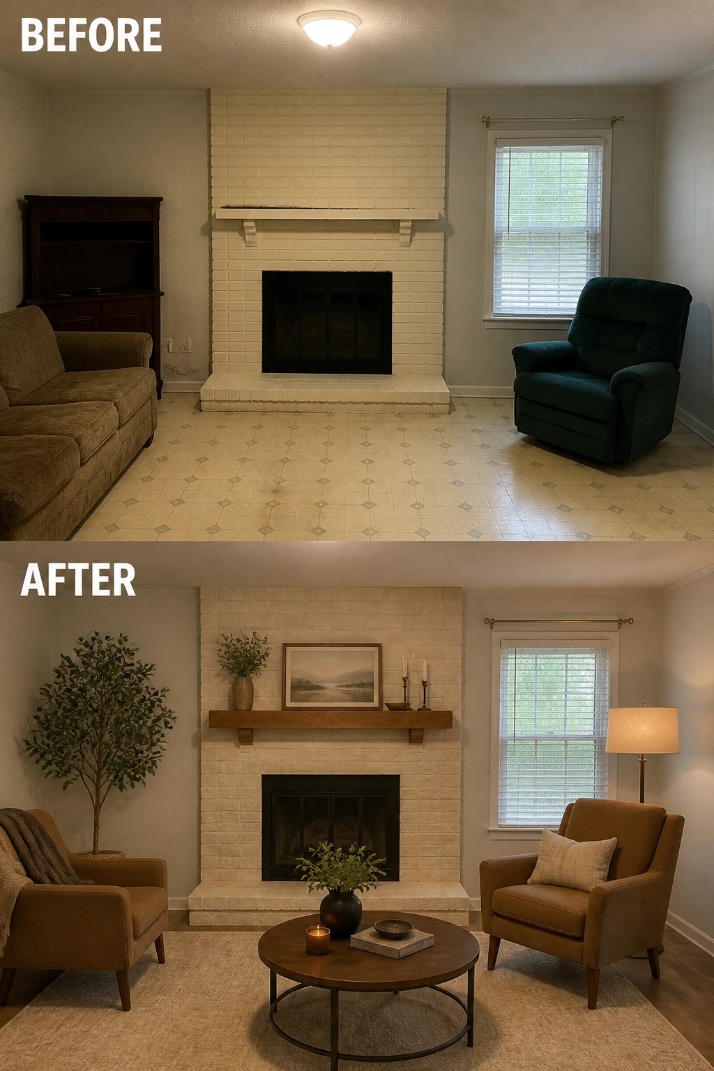 Before-and-after image of a living room with a plain white brick fireplace updated by adding a wooden mantel, framed art, candles, and a central seating area with a rug.
