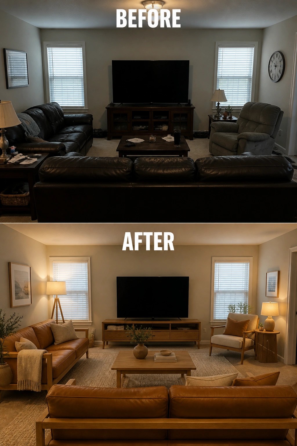 Before and after living room with dark leather sofas changed to brown leather and wood furniture