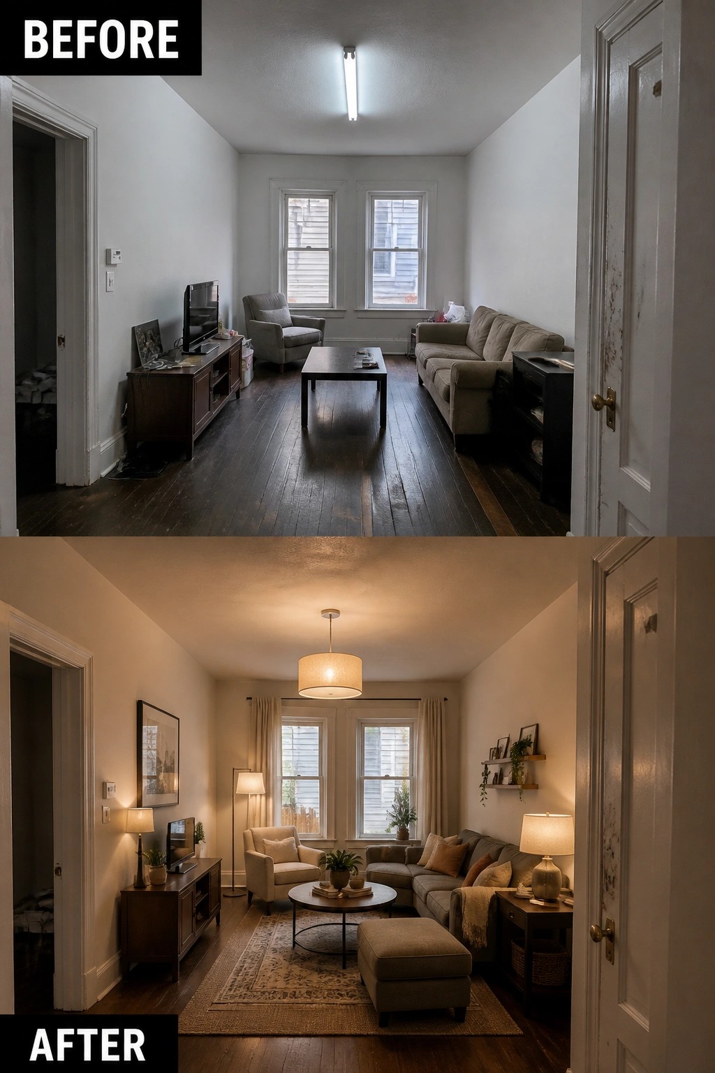 Before and after of a living room with updated warm lighting, rug, and decor.