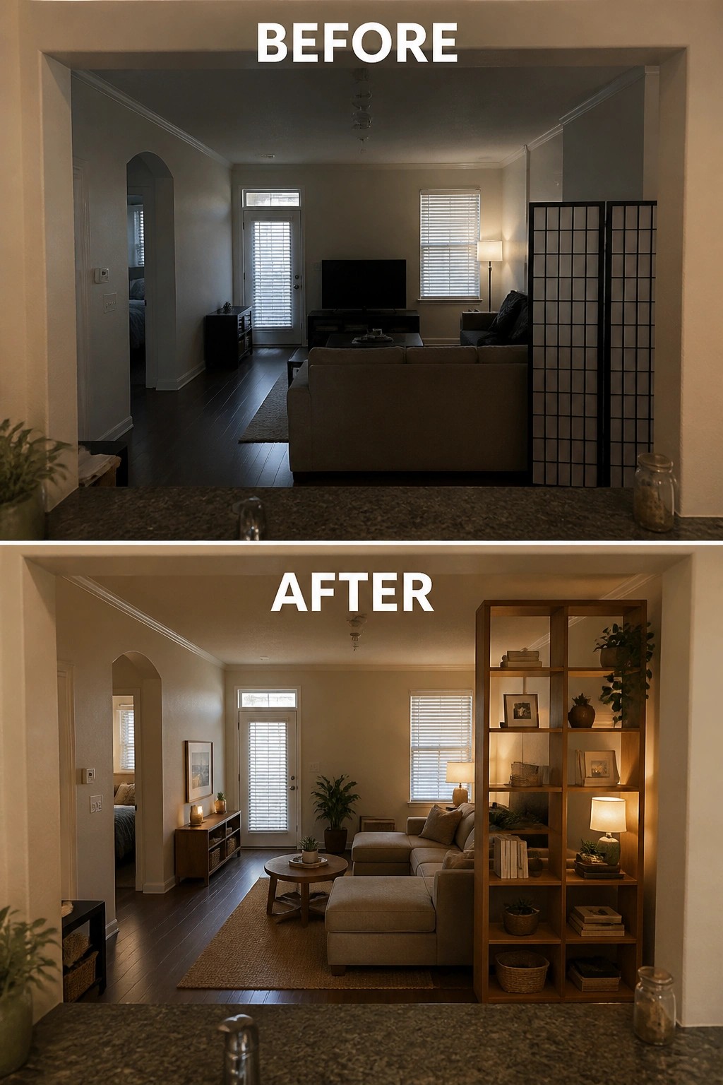 Before and after living room renovation showing new wooden shelf, sofa, and brighter decor