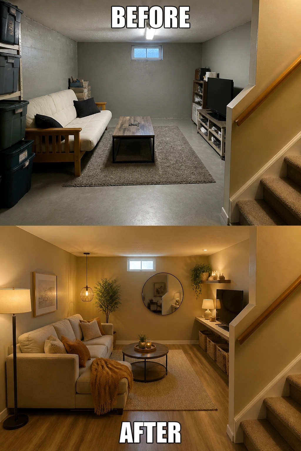 Before and after of cluttered basement turned into cozy living room with sofa and TV