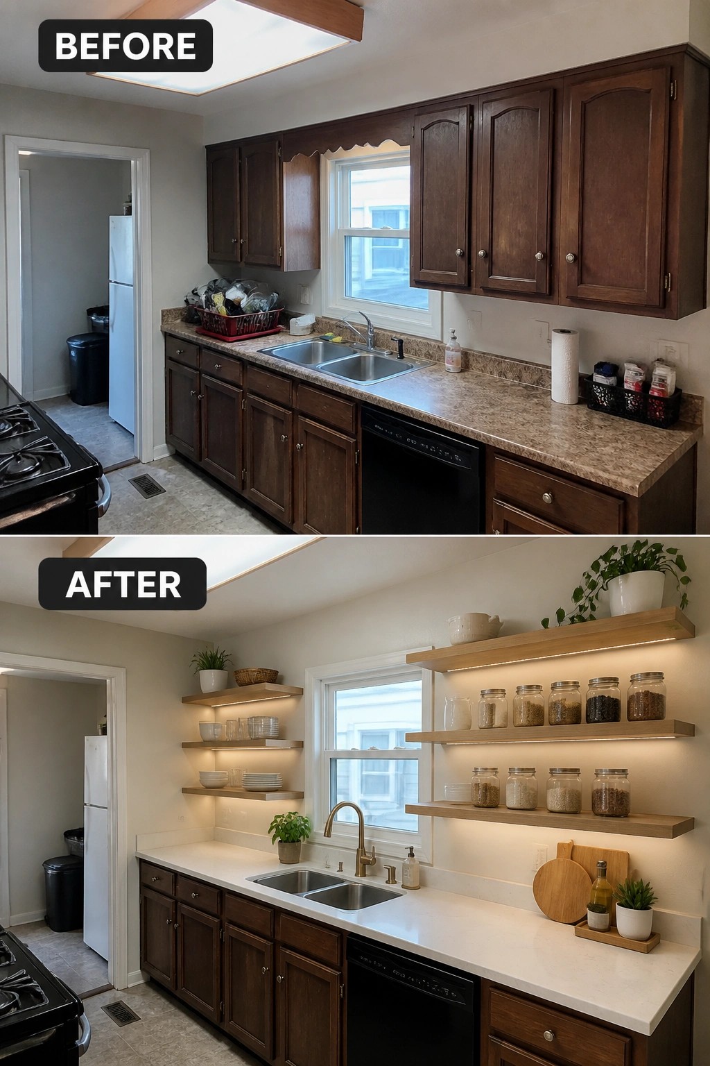 Before-and-after image of a kitchen showing dark upper cabinets replaced with floating wooden shelves and countertops changed from granite to white.