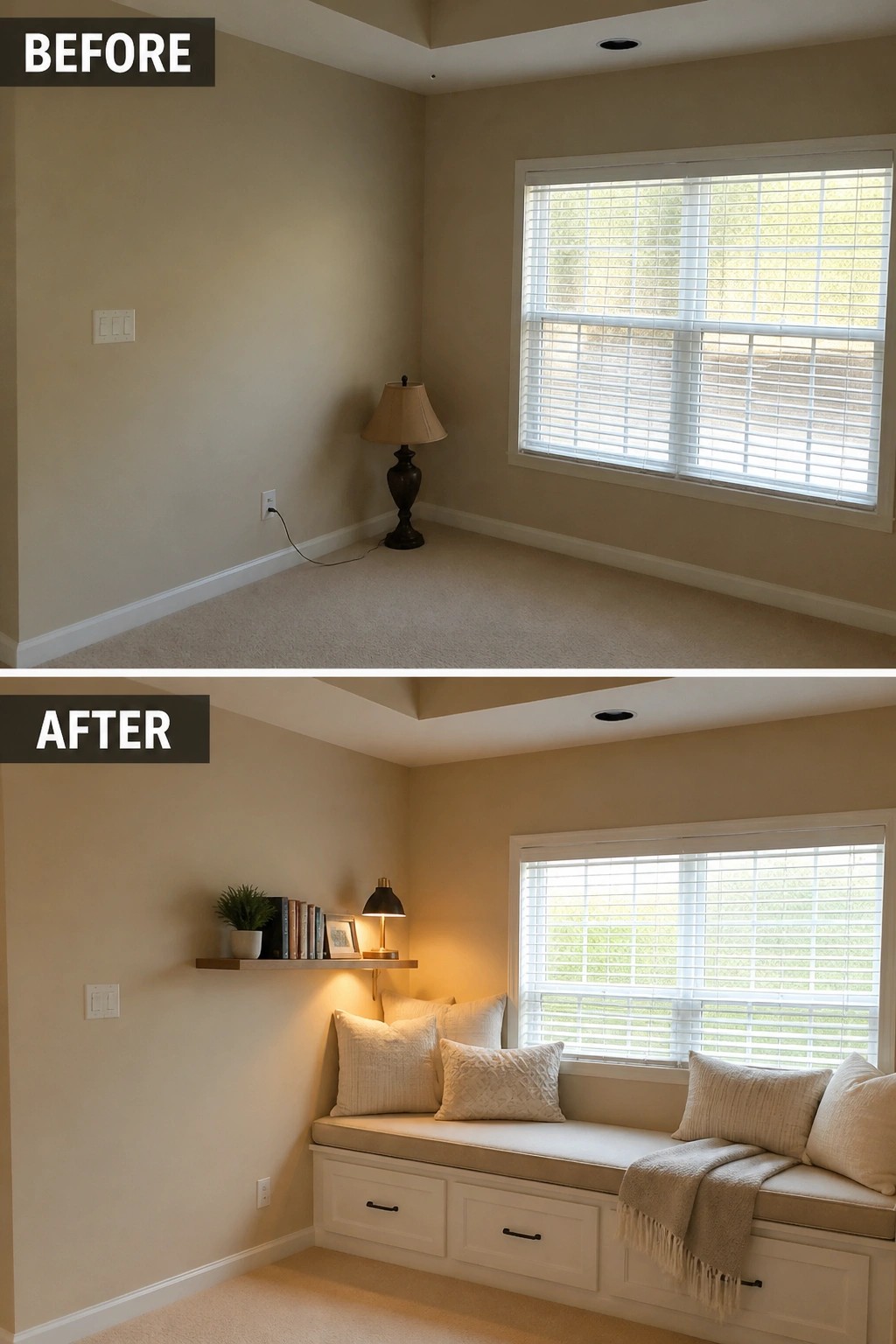 Before and after of beige room corner with added window seat, shelf, and cushions.