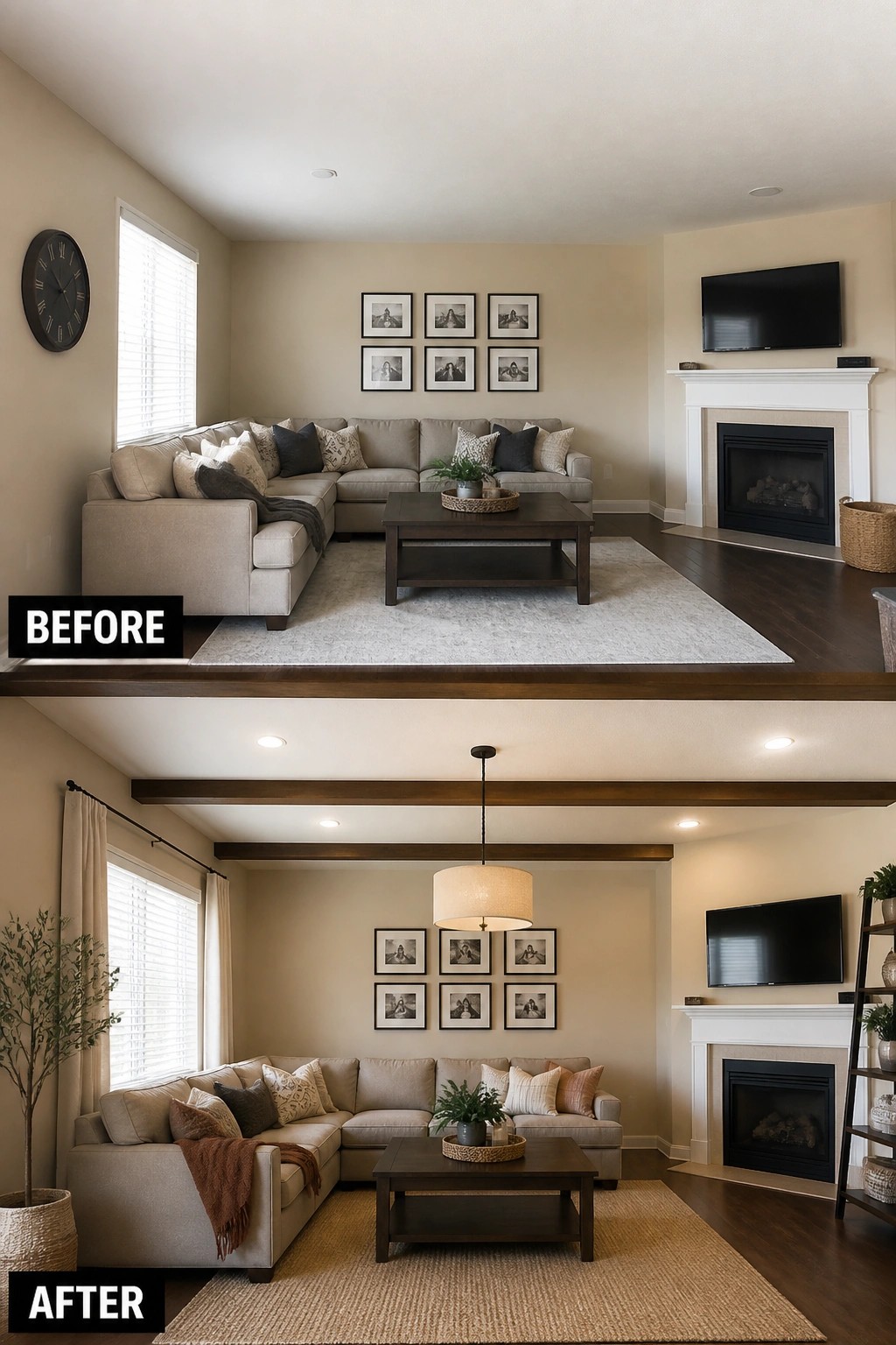 Living room before and after renovation with new beams, rug, and pendant light