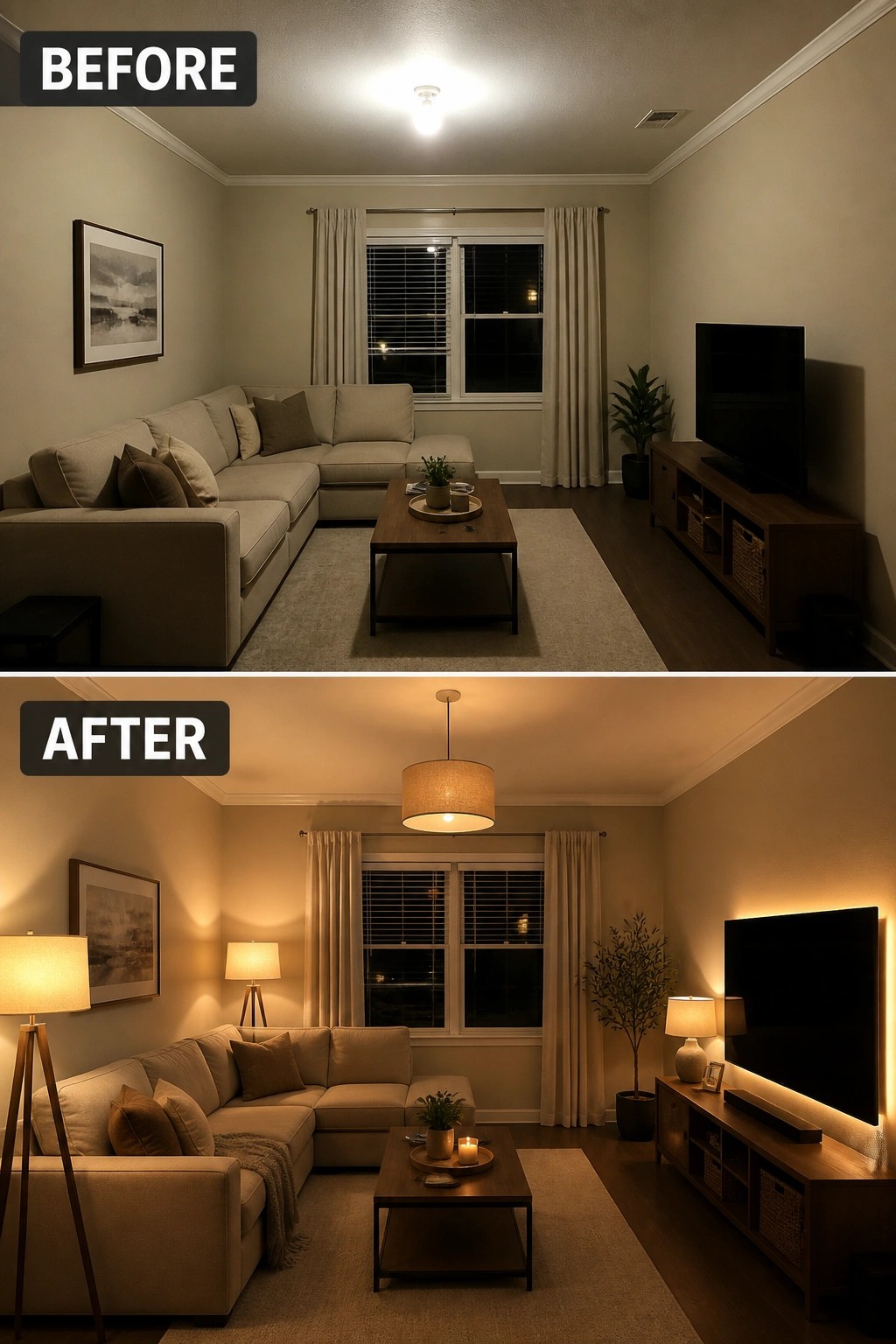Before-and-after living room with bright ceiling light versus warm layered lamps and decor.