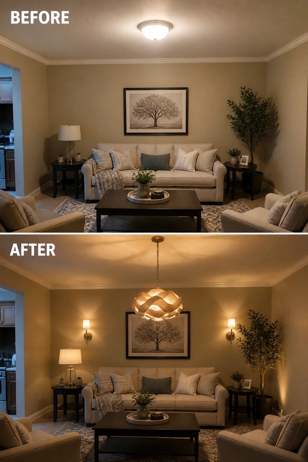Before and after living room with new pendant light and wall sconces