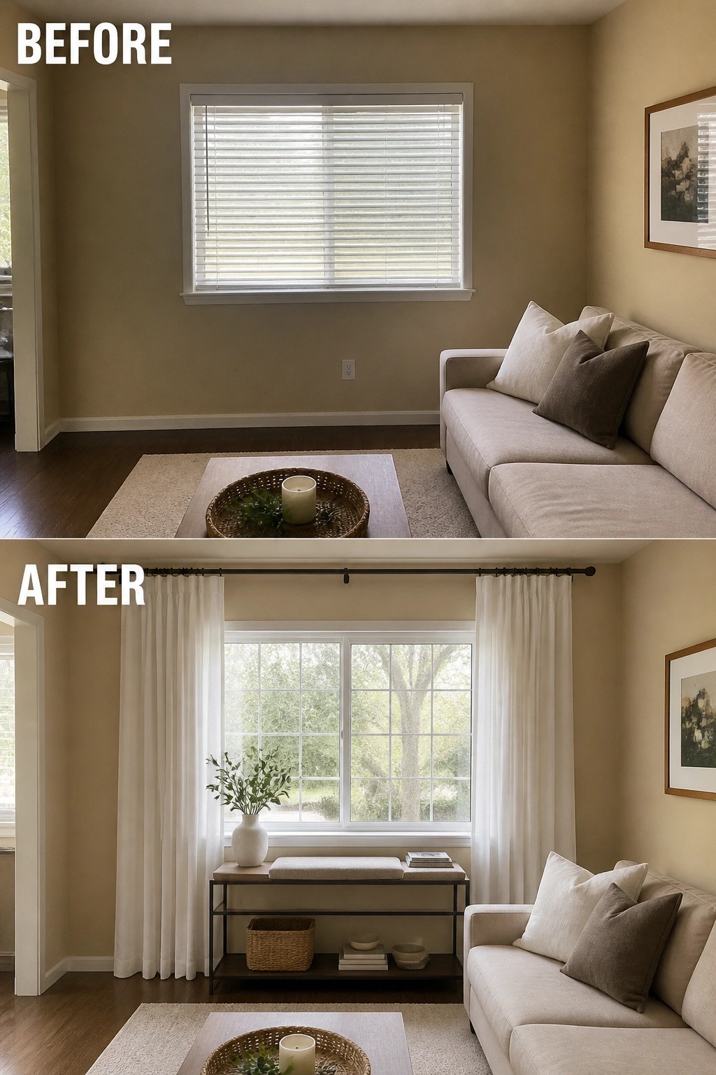 Before-and-after image of a beige living room where a plain window is updated with curtains and a console table below it.