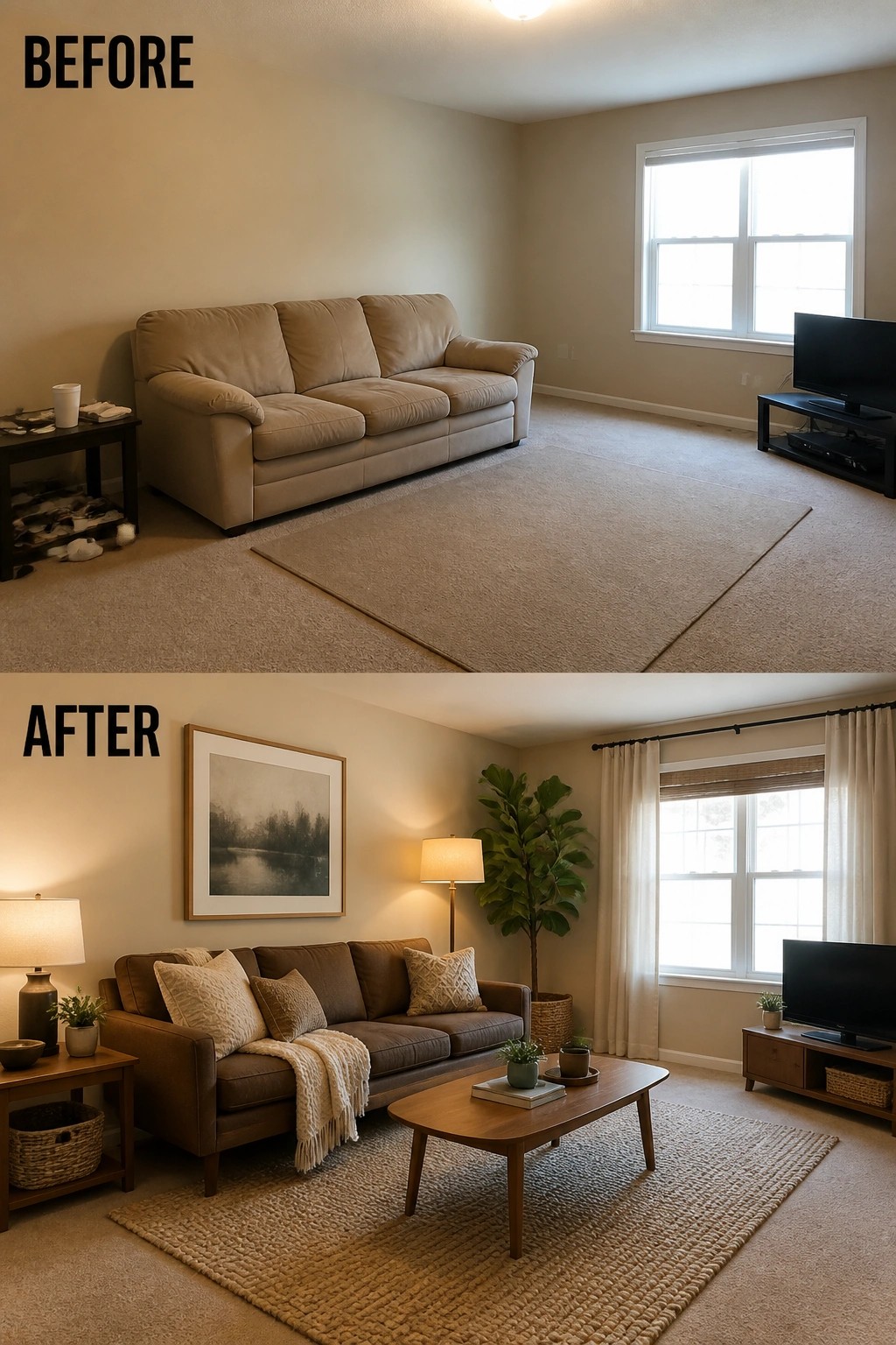 Before-and-after image of a beige living room updated with a larger rug, curtains, pillows, lamps, wall art, and plants.