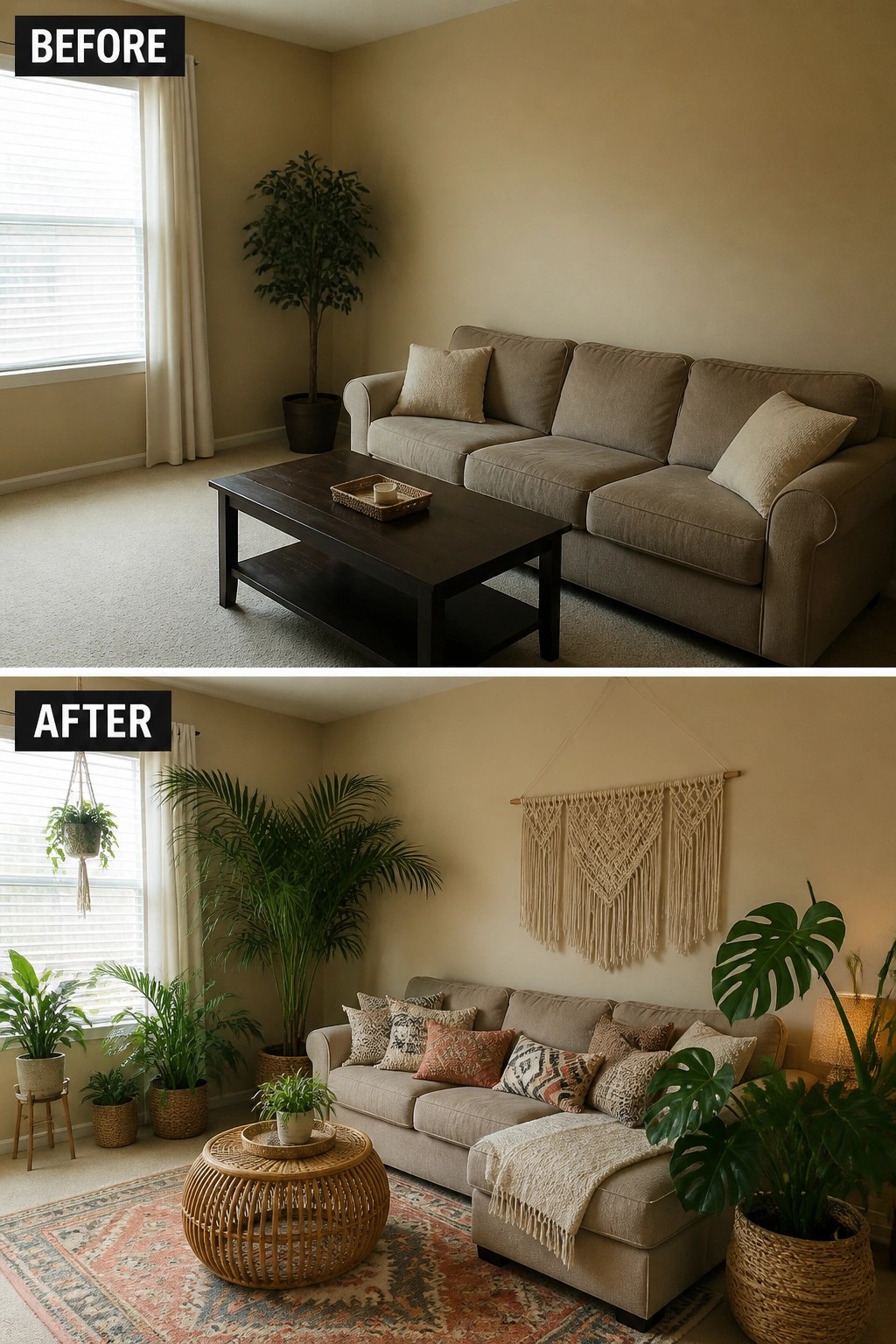 Before and after living room with plants, macrame, rug, and boho decor.
