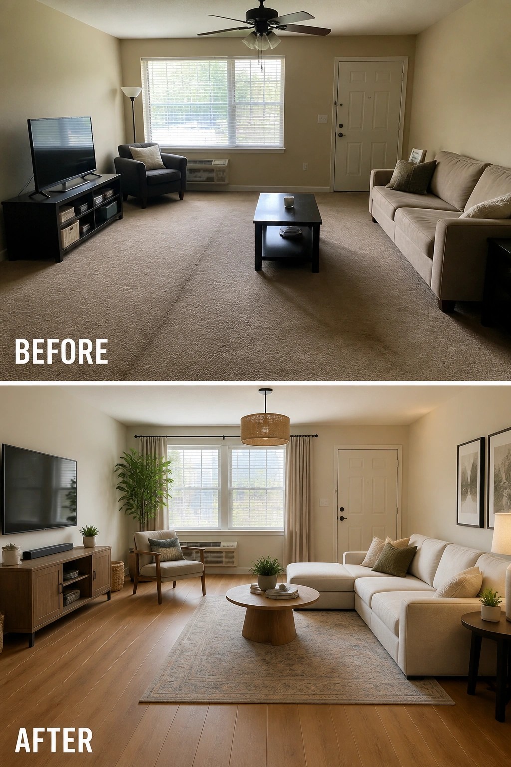 Before-and-after image of a beige living room with carpet updated to wood floors, a large area rug, lighter seating, curtains, and added plants.