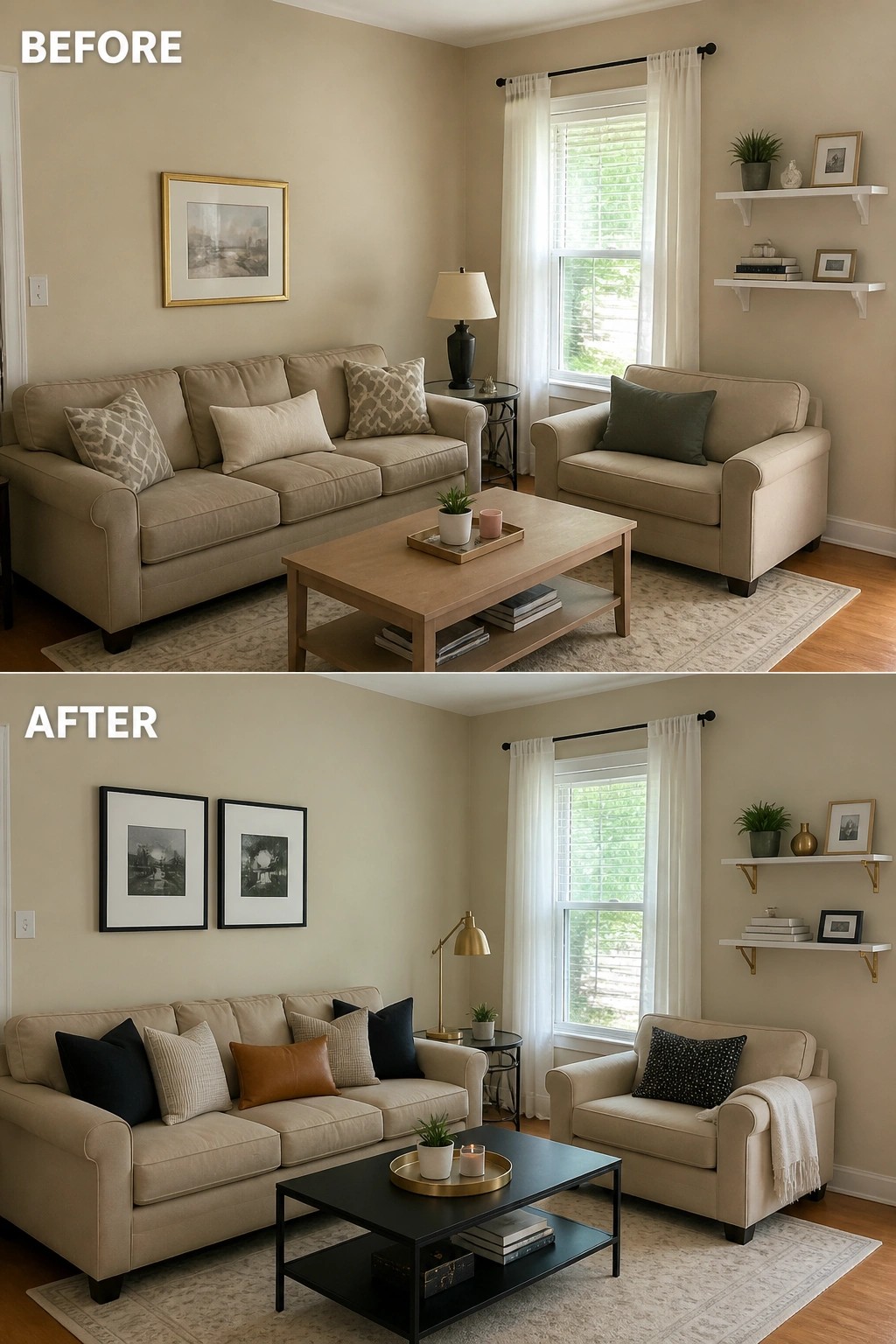 Before-and-after image of a beige living room updated with new pillows, wall art, a black coffee table, and a brass lamp.