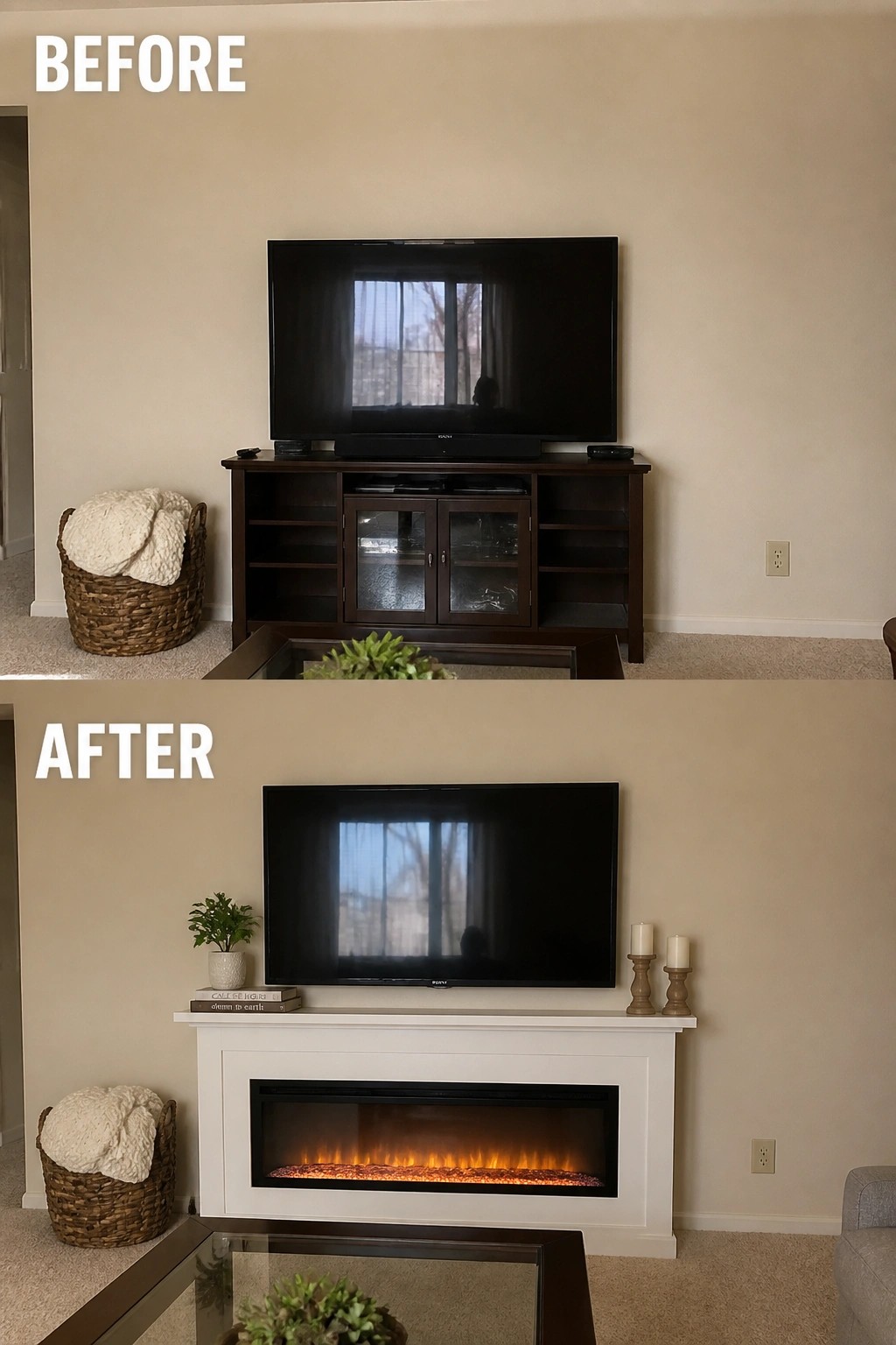 Before-and-after image of a living room where a TV on a dark media console is replaced by a mounted TV above a white fireplace mantel with an electric fireplace below.