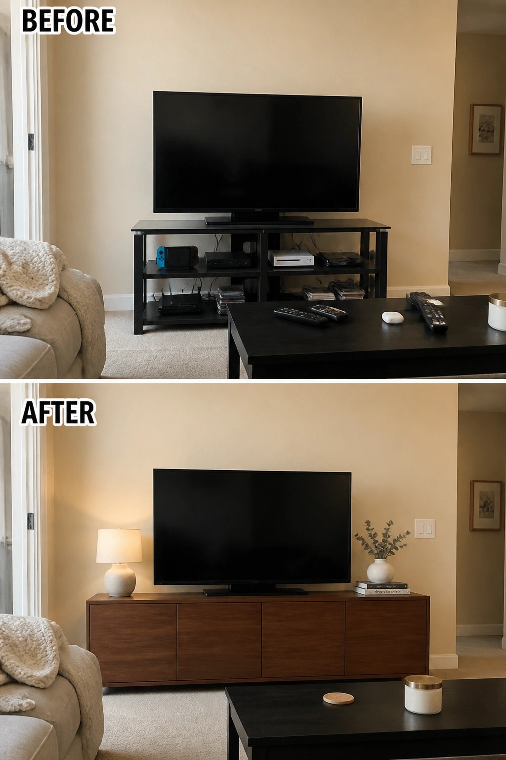 Before-and-after image of a living room where an open black TV stand is replaced by a wooden media console with added styling.