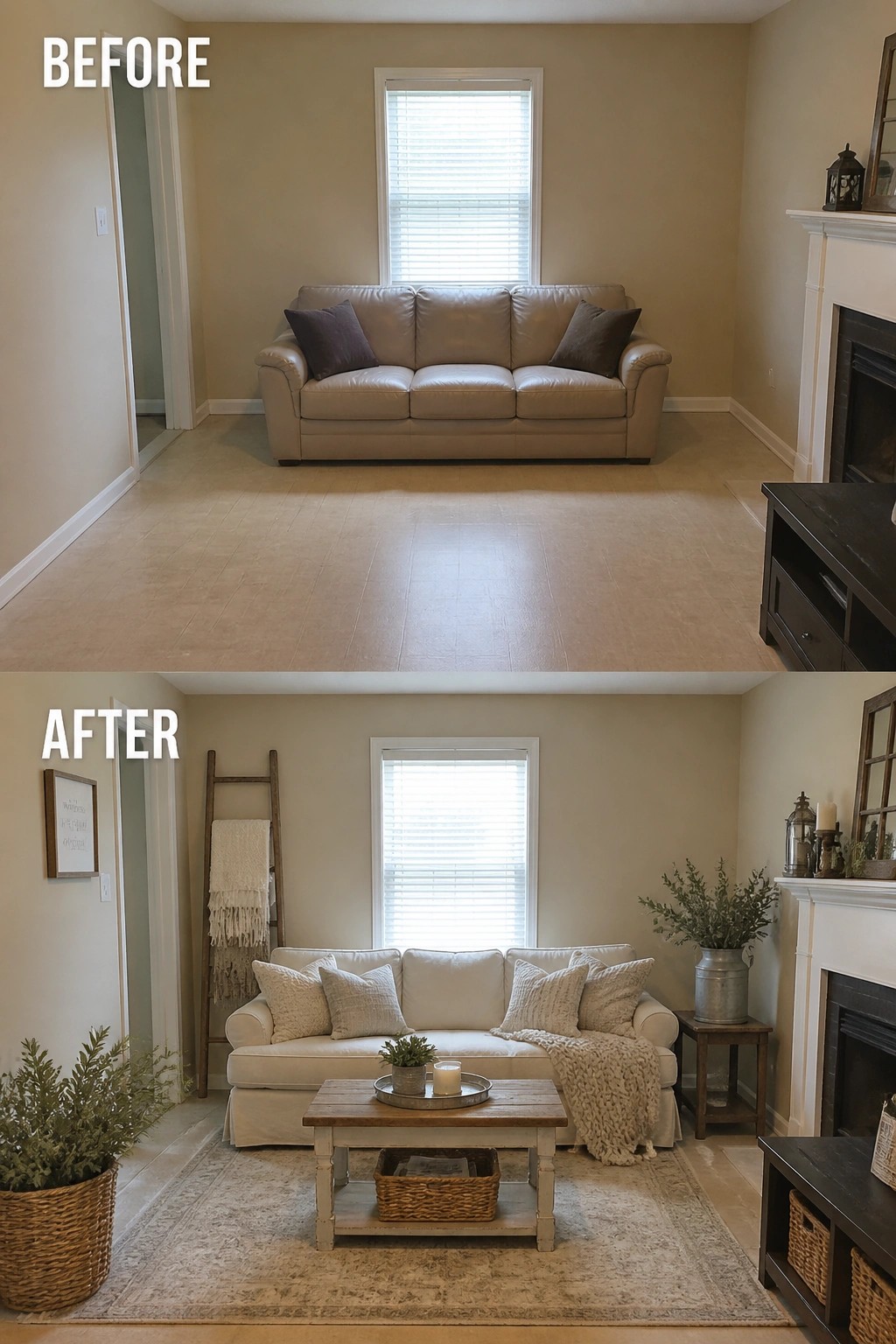 Before-and-after living room with beige leather sofa changed to white fabric sofa and rustic decor.