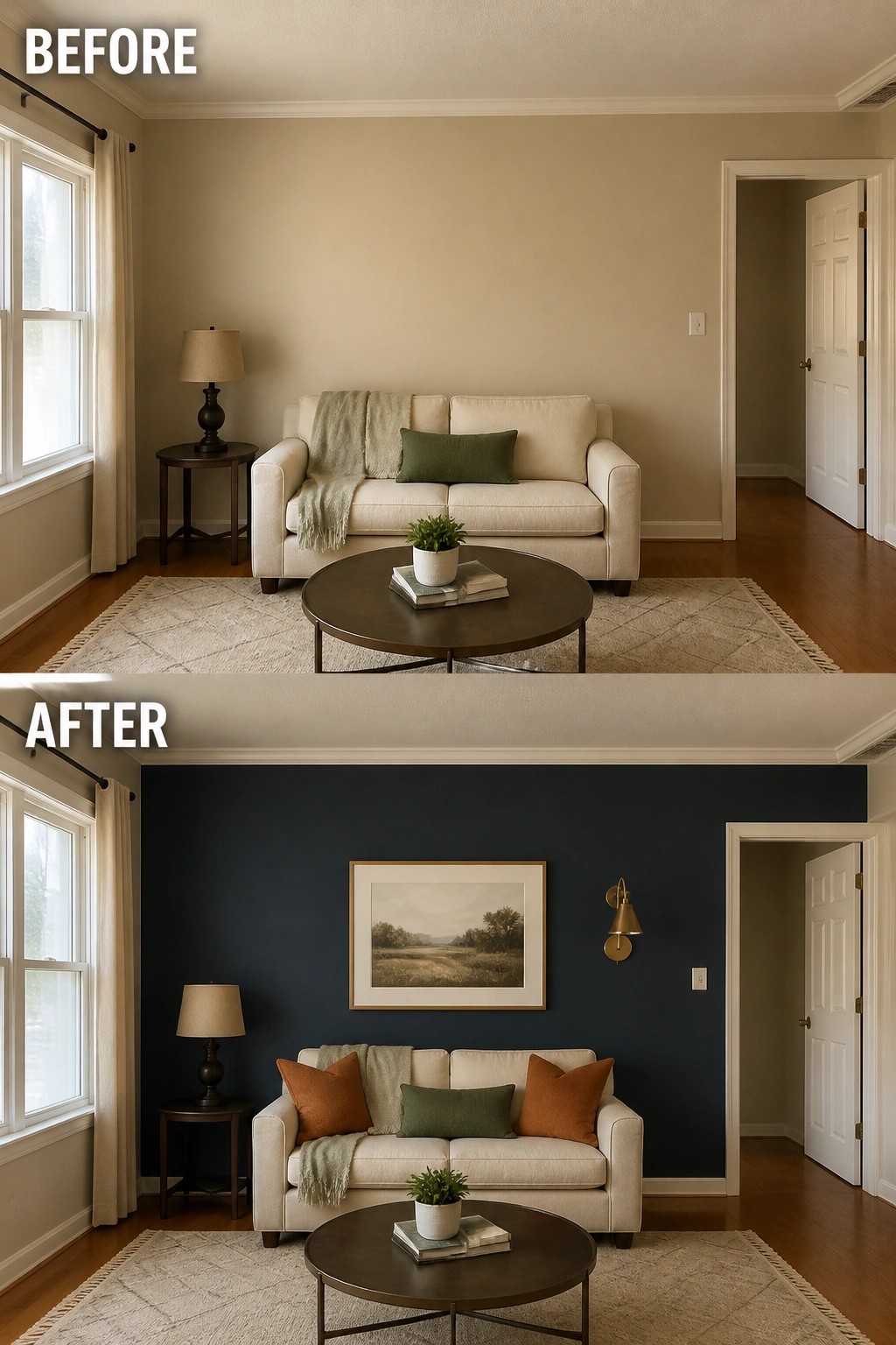 Before and after living room with navy blue accent wall and orange pillows
