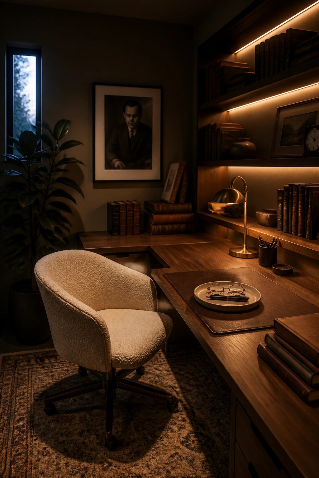 A home office with a cream upholstered swivel chair at a wooden desk, warm under-shelf lighting, and built-in bookshelves.