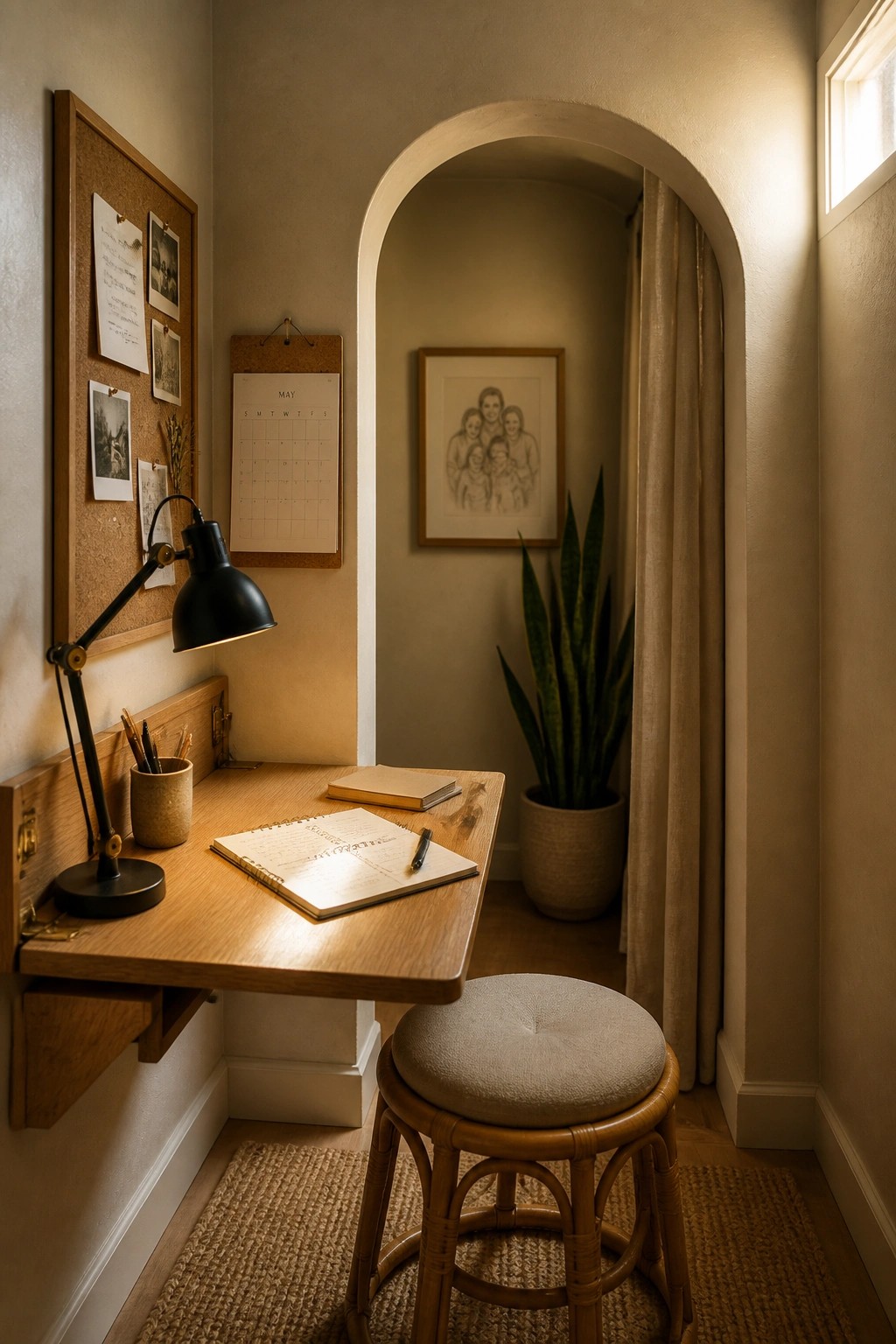 A wooden wall-mounted desk with a lit black lamp, open notebook, and rattan stool sits in a neutral alcove beside an arched doorway.