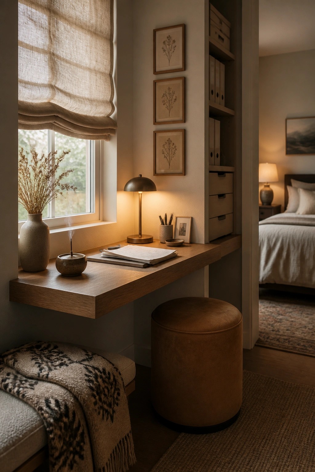 A wooden built-in desk with a lamp, papers, and a ceramic vase sits beneath a window, flanked by open shelving and a round brown leather stool.