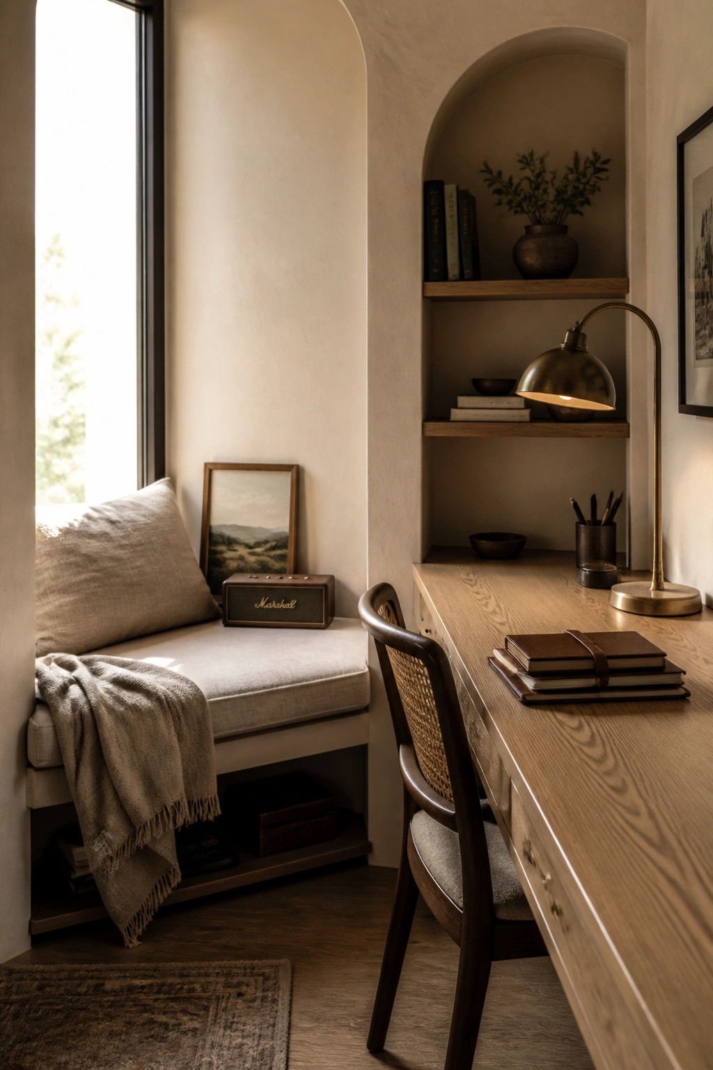 A wooden desk with books and a brass lamp sits in front of built-in arched shelves holding books and a plant, next to a window seat with a pillow and throw in a neutral room.